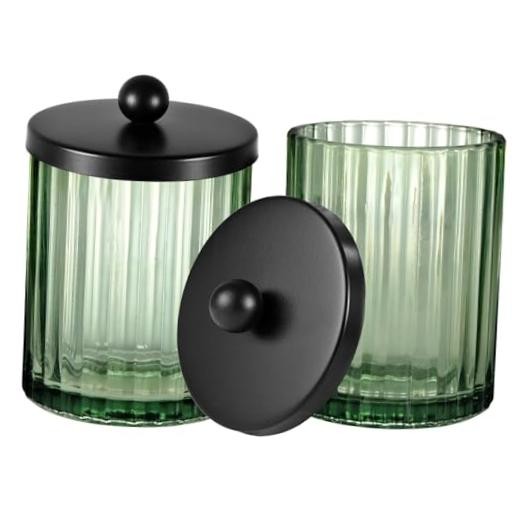 Green Glass Apothecary Jar, Qtip Holder for Bathroom() 2 Pack Black