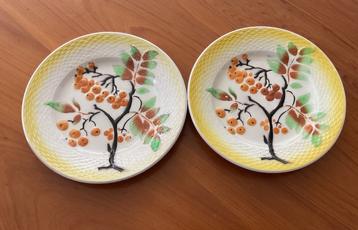 Pair Antique Majolica French Barbotine Orchies Moulin Des Loups Plates 7.75”