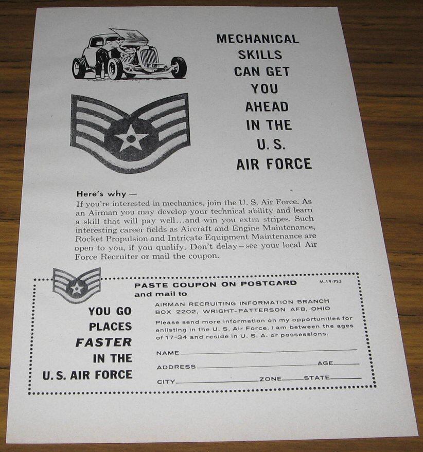 1956 AD~AIR FORCE RECRUITING~MECHANICAL SKILLS~HOT ROD 1956 AD~AIR FORCE RECRUITING~MECHANICAL SKILLS~HOT ROD
