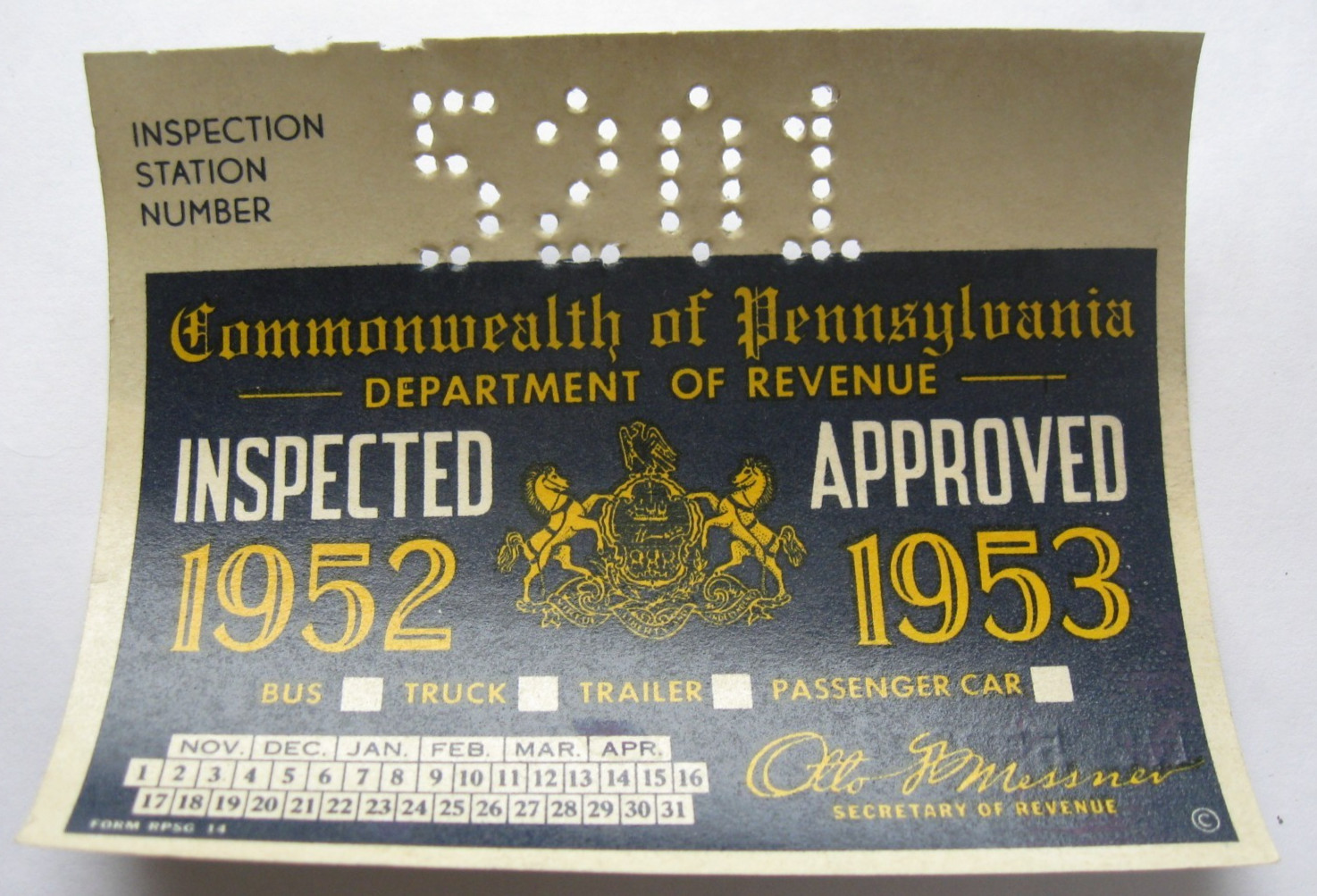 Vintage Original 1952 - 1953  PA Pennsylvania Inspection Sticker Old Antique