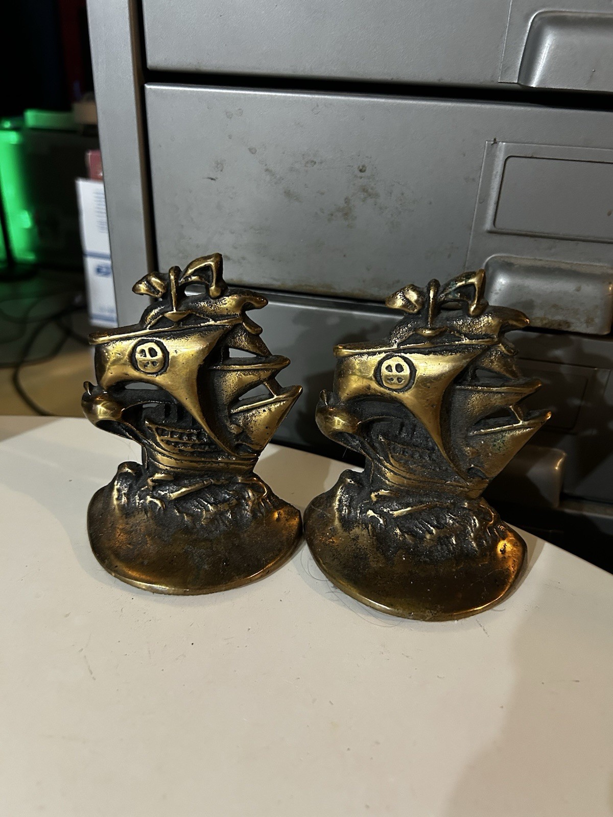 Vintage Metal Library Bookends MCM Clipper Saling Nautical Ships