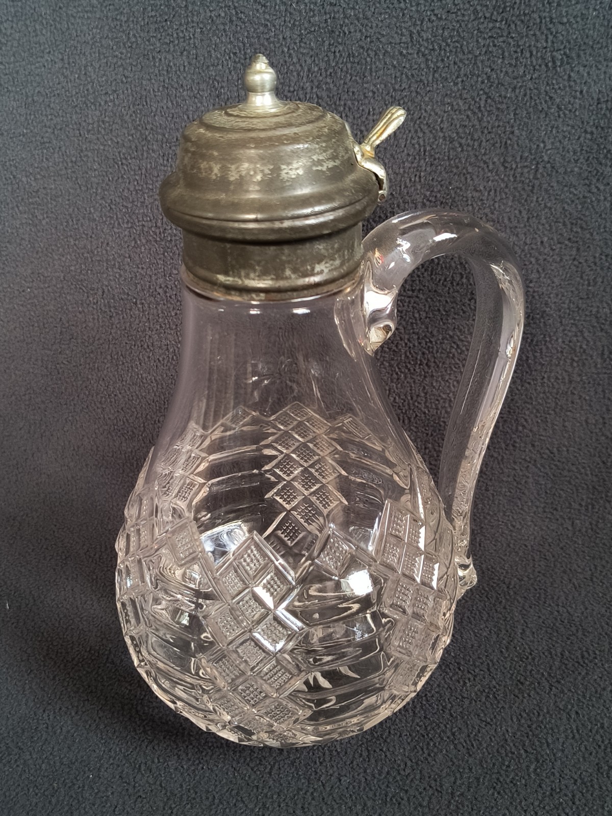 Antique Jacob\'s Ladder Clear Pattern Glass Syrup Jar Pat. May \'75 8\