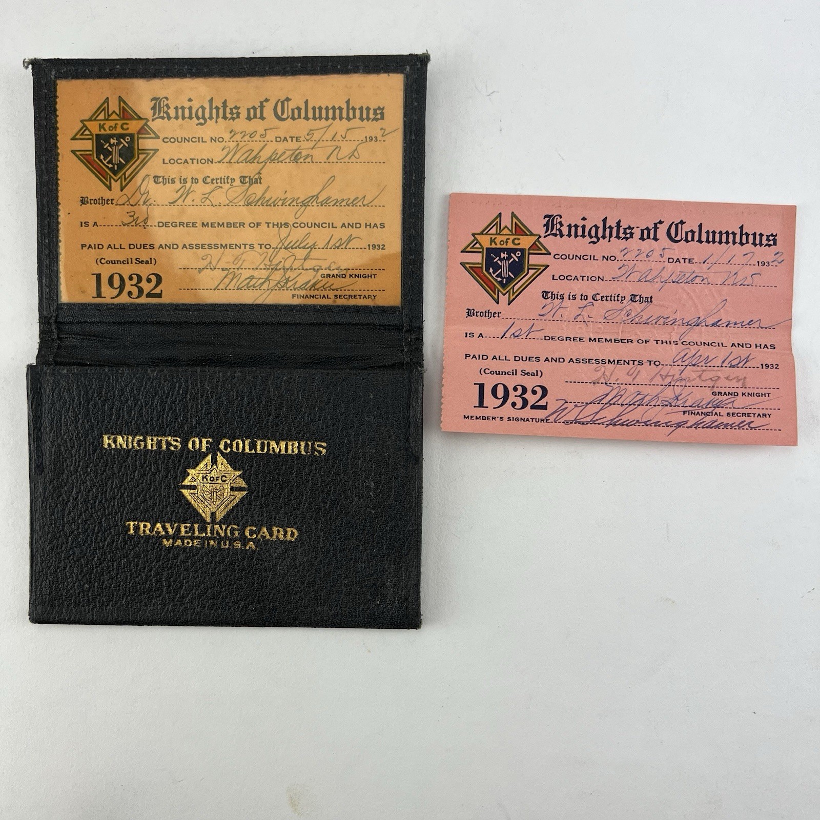 1932 Knights Of Columbus Membership ID Cards of Col. William Schwinghamer