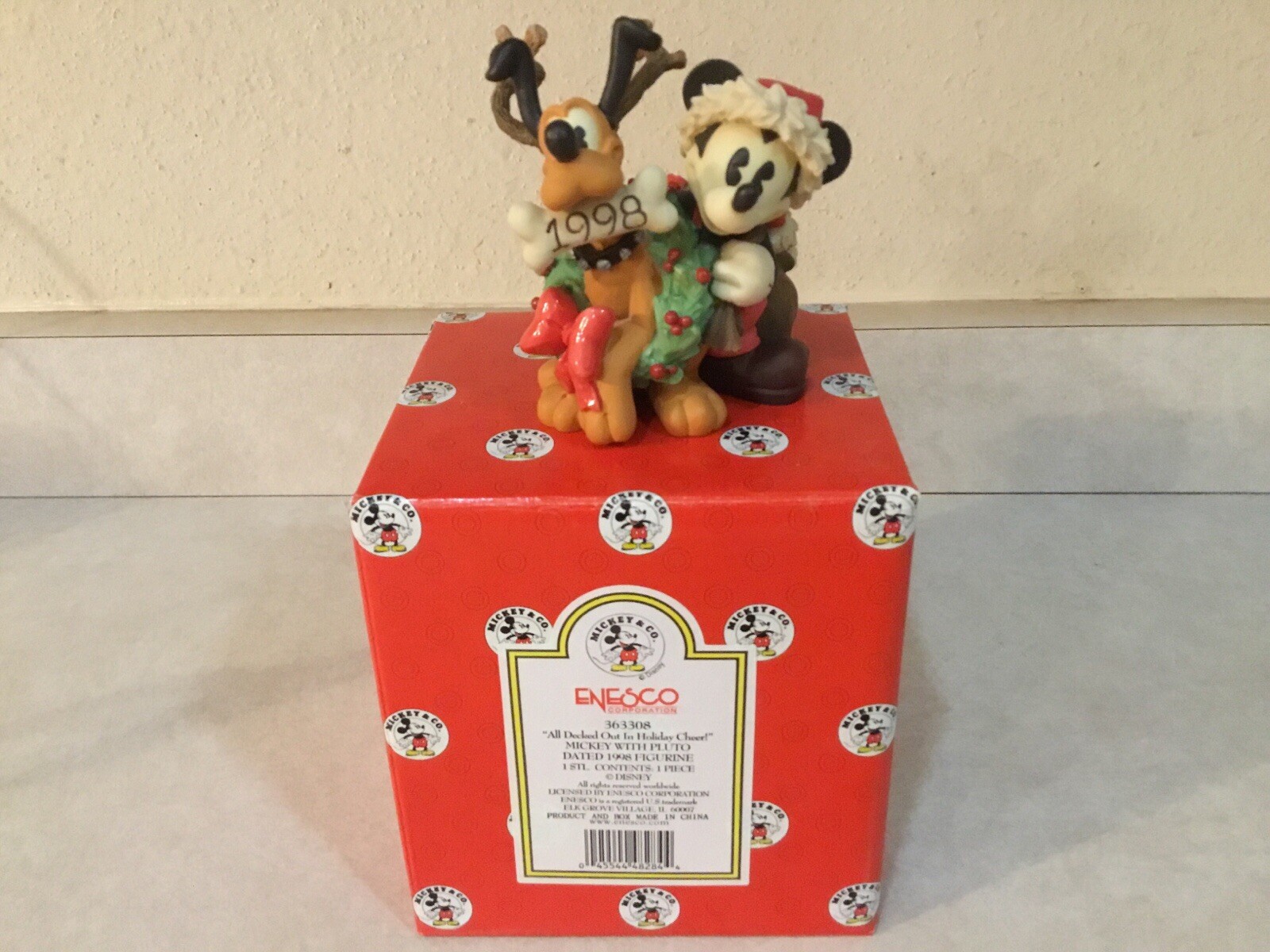VINTAGE ENESCO 1998 MICKEY AND PLUTO, ALL DECKED OUT IN HOLIDAY CHEER,NEW IN BOX