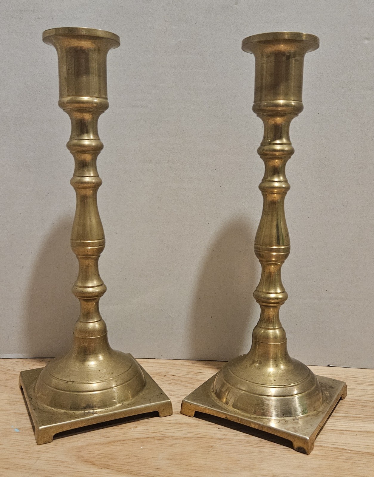 Pair Vintage Heavy Solid Brass 7.5” Taper Candlestick Holders Footed Step Base