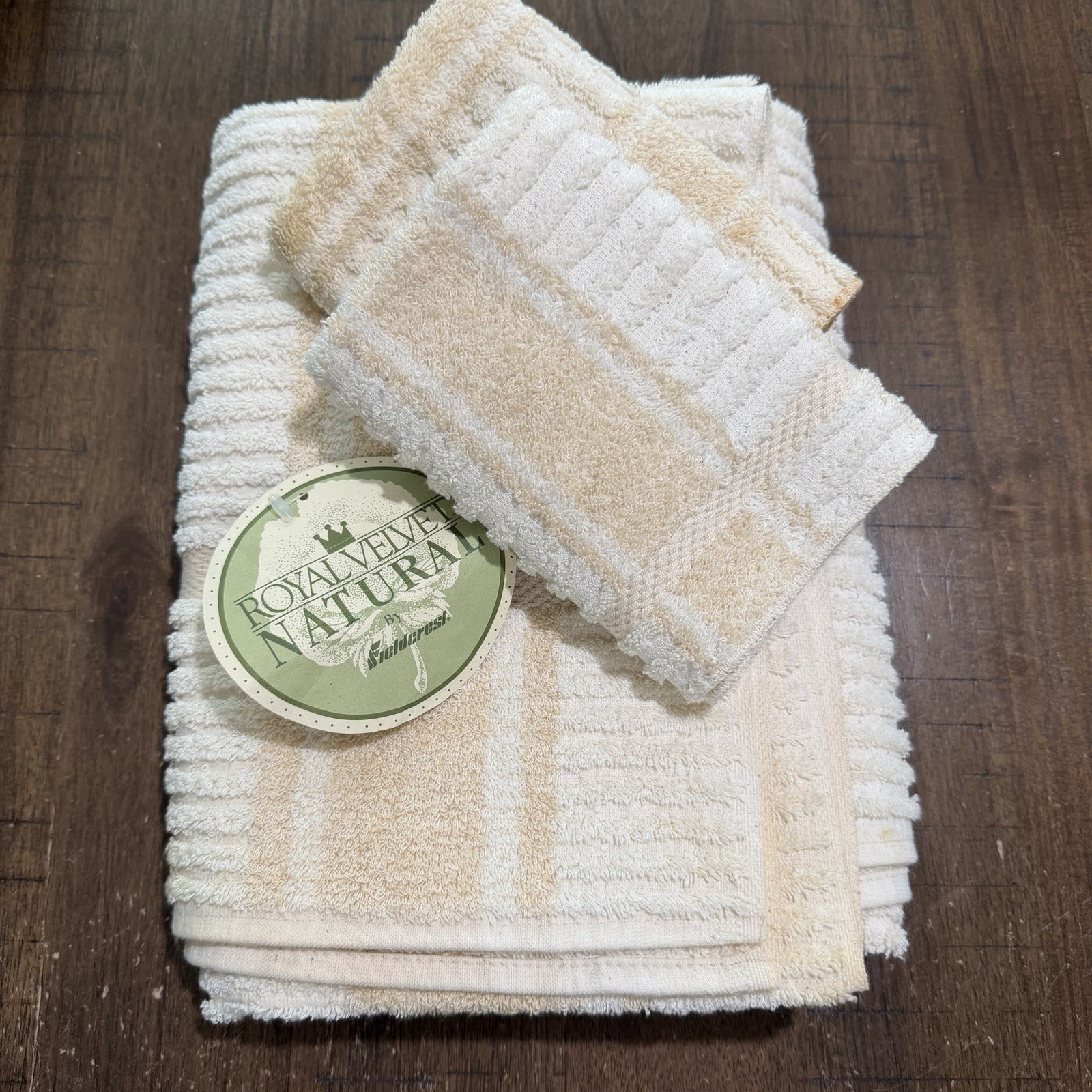 NWT Vtg 3pc Fieldcrest Royal Velvet Bath Towel & 2 Washcloth Natural Stripe USA