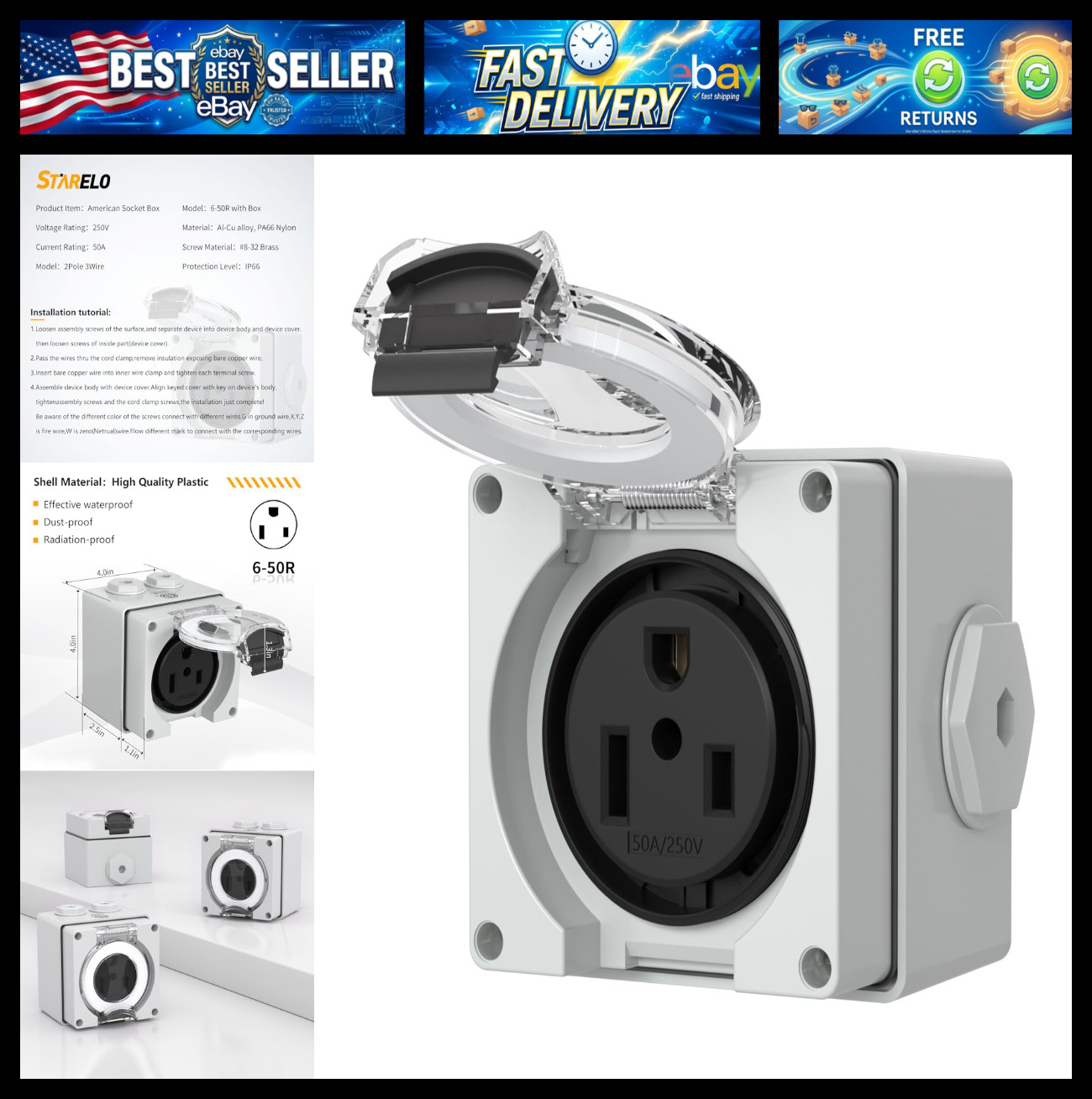 STARELO 50Amp Power Outlet Box,NEMA 6-50R Receptacle,250Volt Heavy-Duty Outdoor