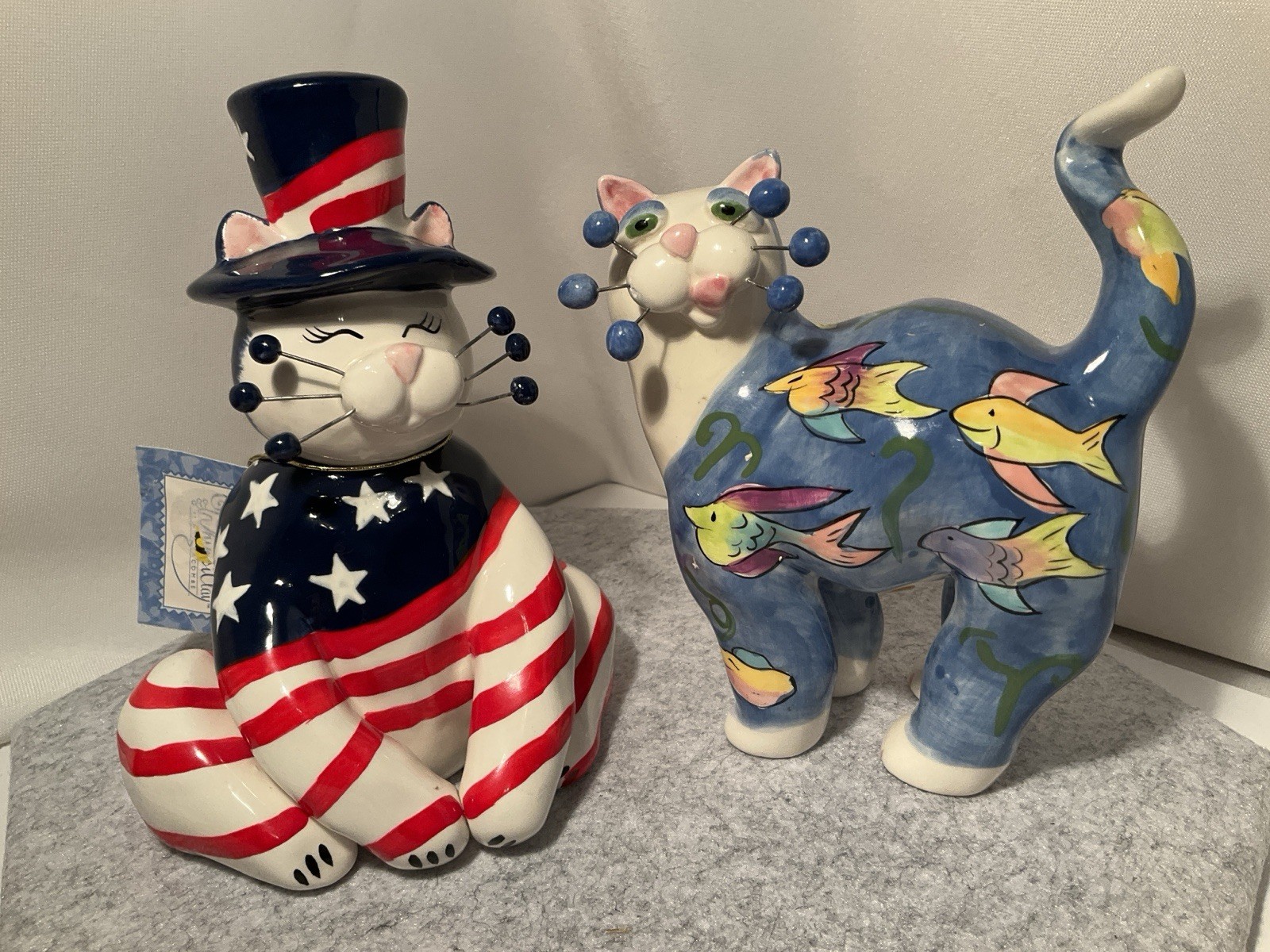 WhimsiClay Cat Figurine Amy Lacombe #86011 Yankee Doodle & #86056 Cat Fish WhimsiClay Cat Figurine Amy Lacombe #86011 Yankee Doodle & #86056 Cat Fish