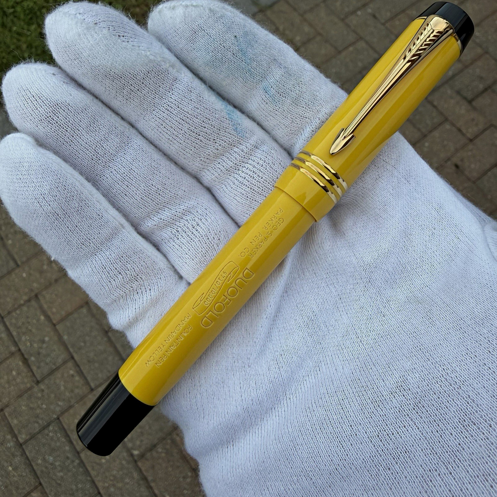 Parker Duofold Mandarin Yellow Fountain Pen, 18k M nib, new w/box & papers