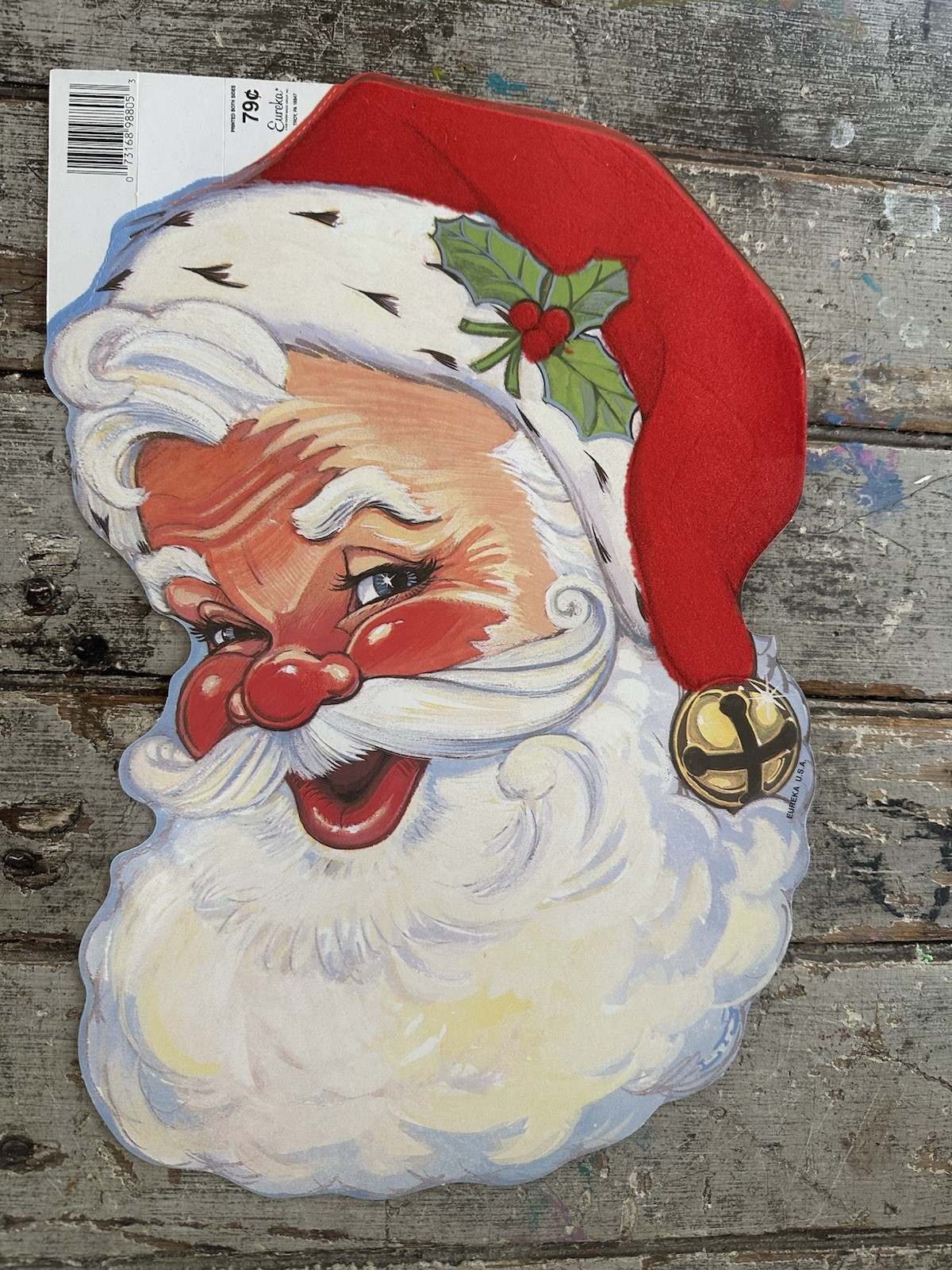 Vintage Christmas Jolly Santa Claus Face Head Die Cut Eureka USA Flocked NEW