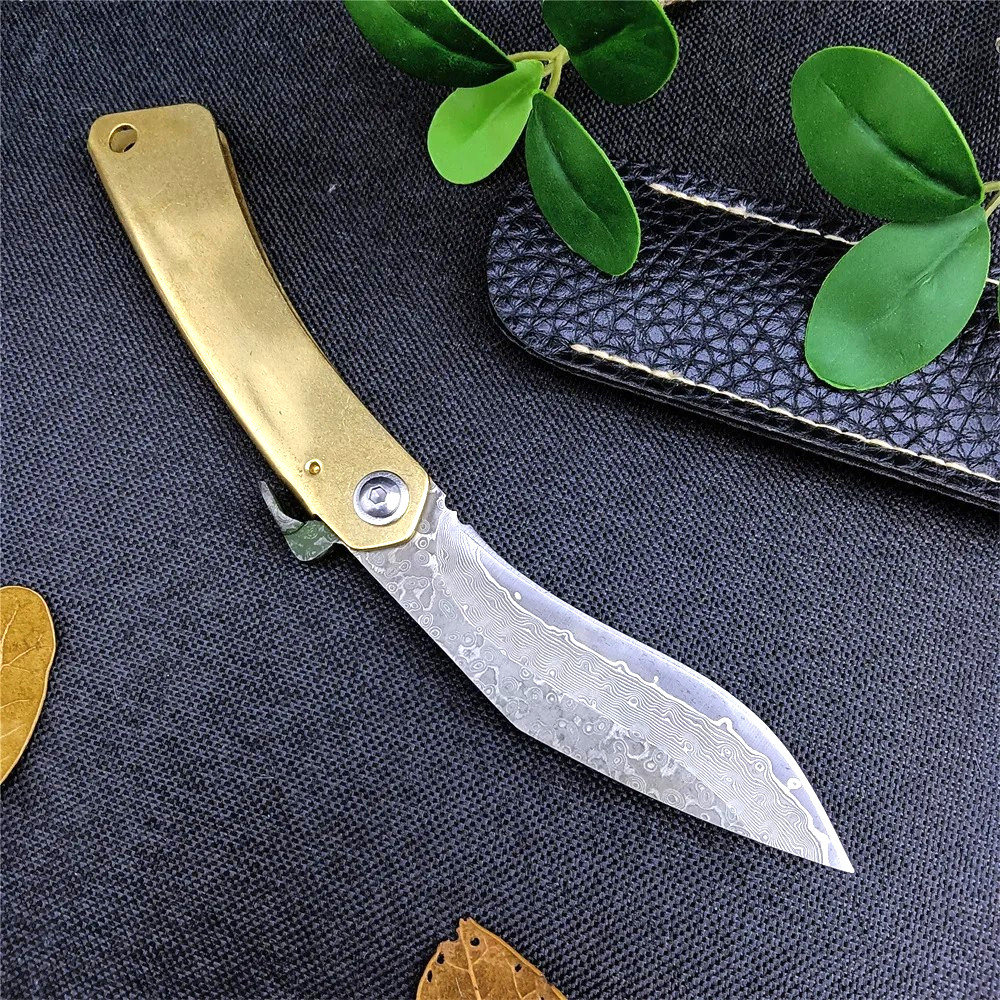 Mini Japanese Folding Knife Damascus Steel Blade Brass Handle Pocket Knife