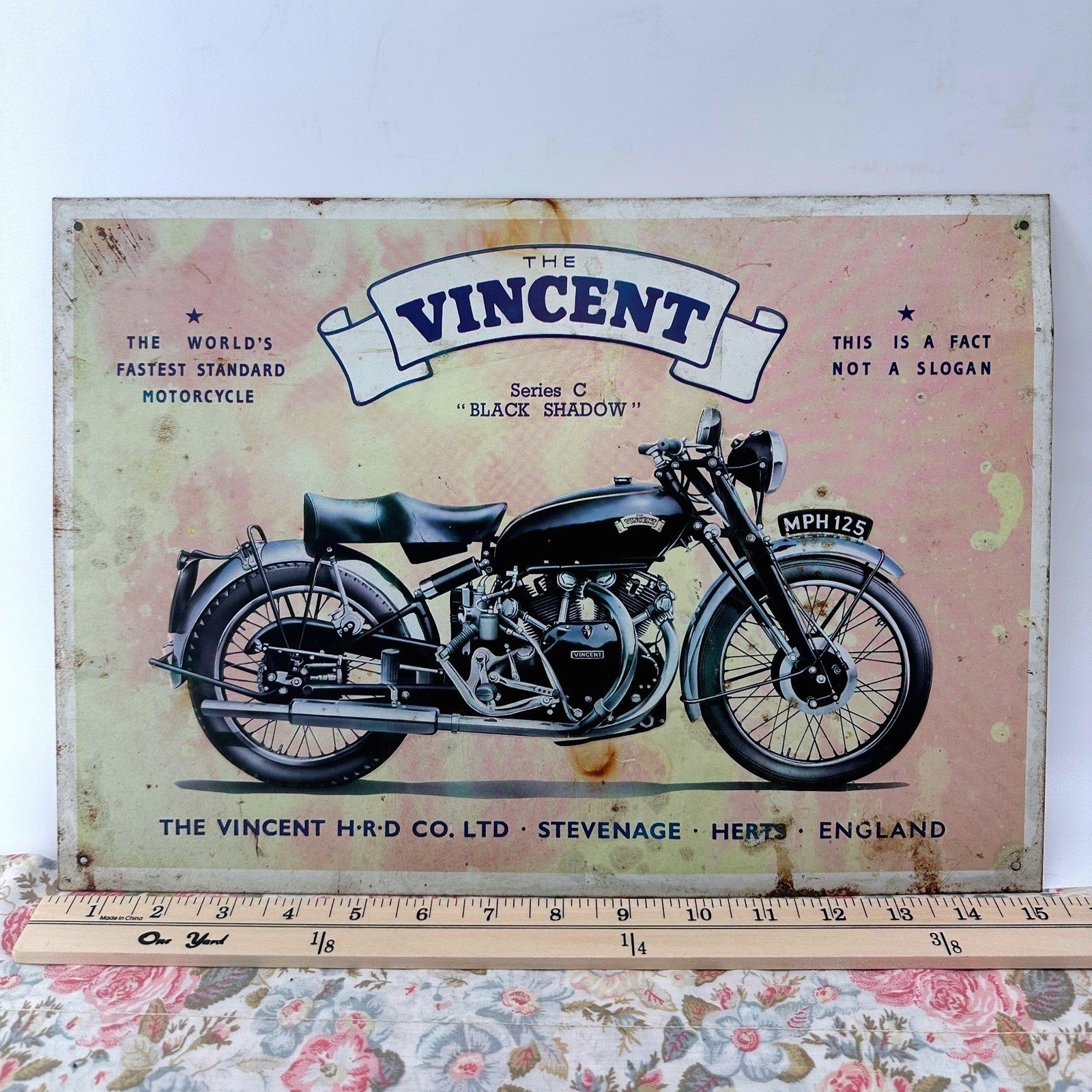 Vintage 1993 Vincent Black Shadow Motorcycle Metal Tin Sign Made in GB 15x10.5