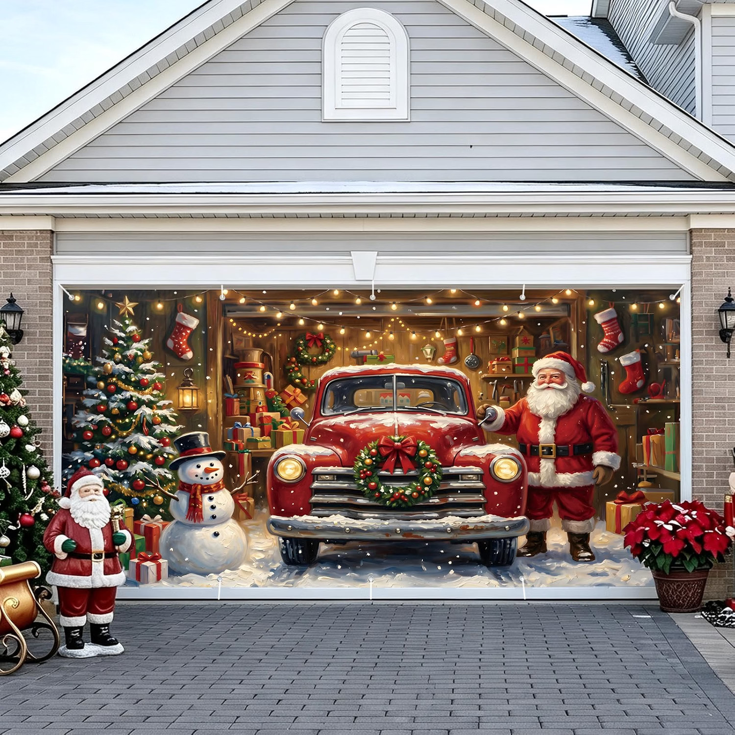 Christmas Garage Door Cover 16 X 7 FT Santa Claus Vintage Red Truck Door Banner Christmas Garage Door Cover 16 X 7 FT Santa Claus Vintage Red Truck Door Banner