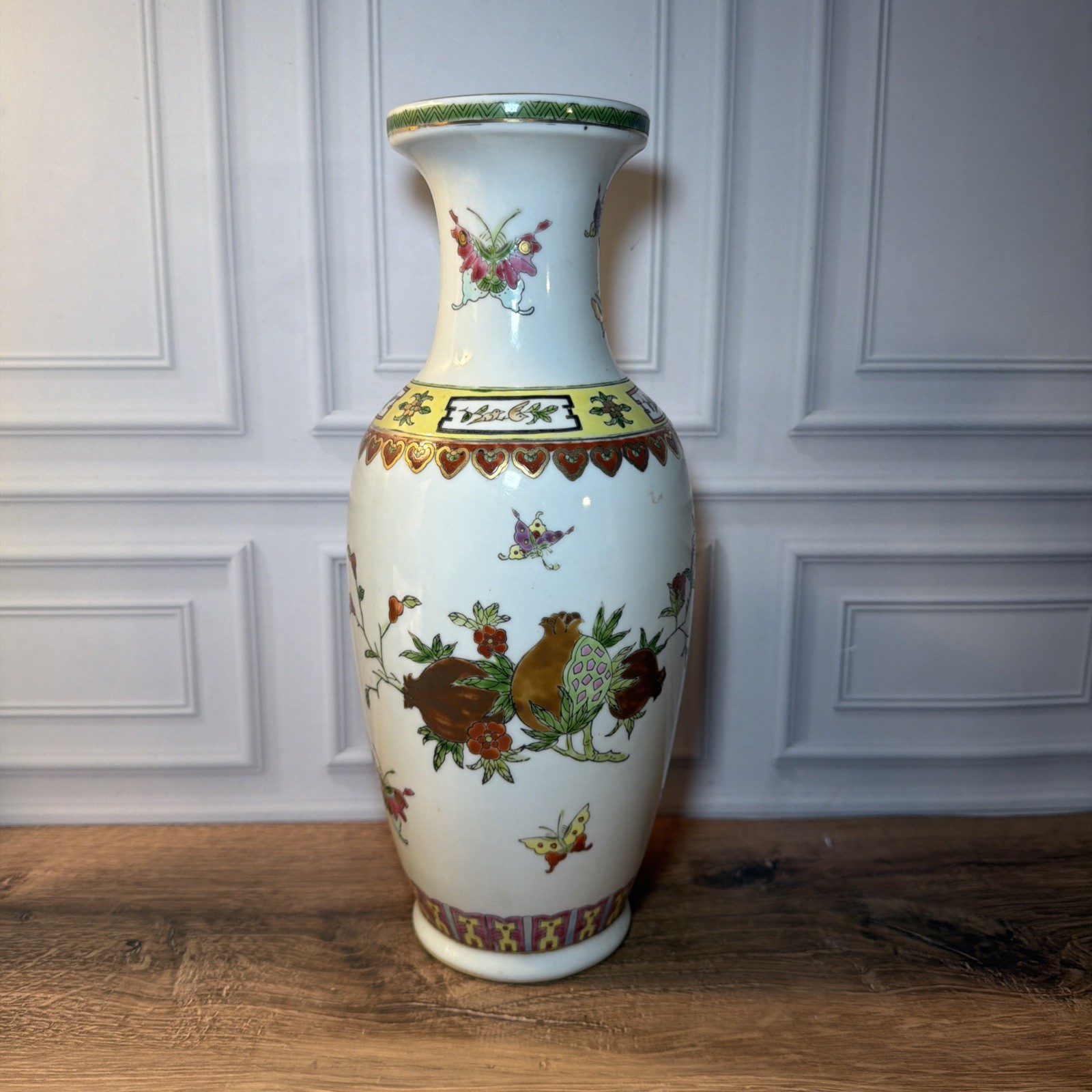 Vintage Chinese Famille Rose Butterfly Pomegranate Baluster Vase 12”