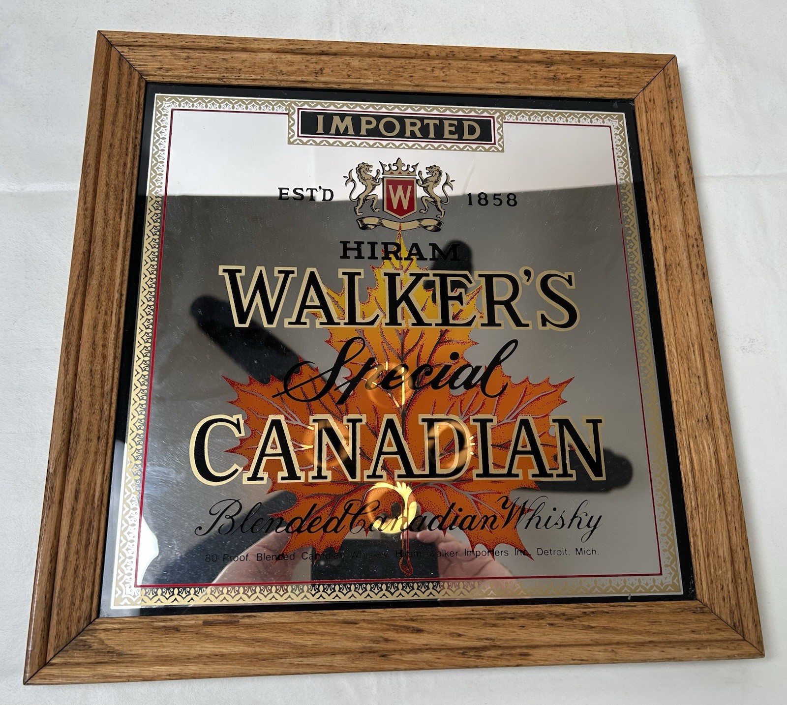 VTG Hiram Walker's Special Canadian Whiskey Wood Framed Bar Mirror 16