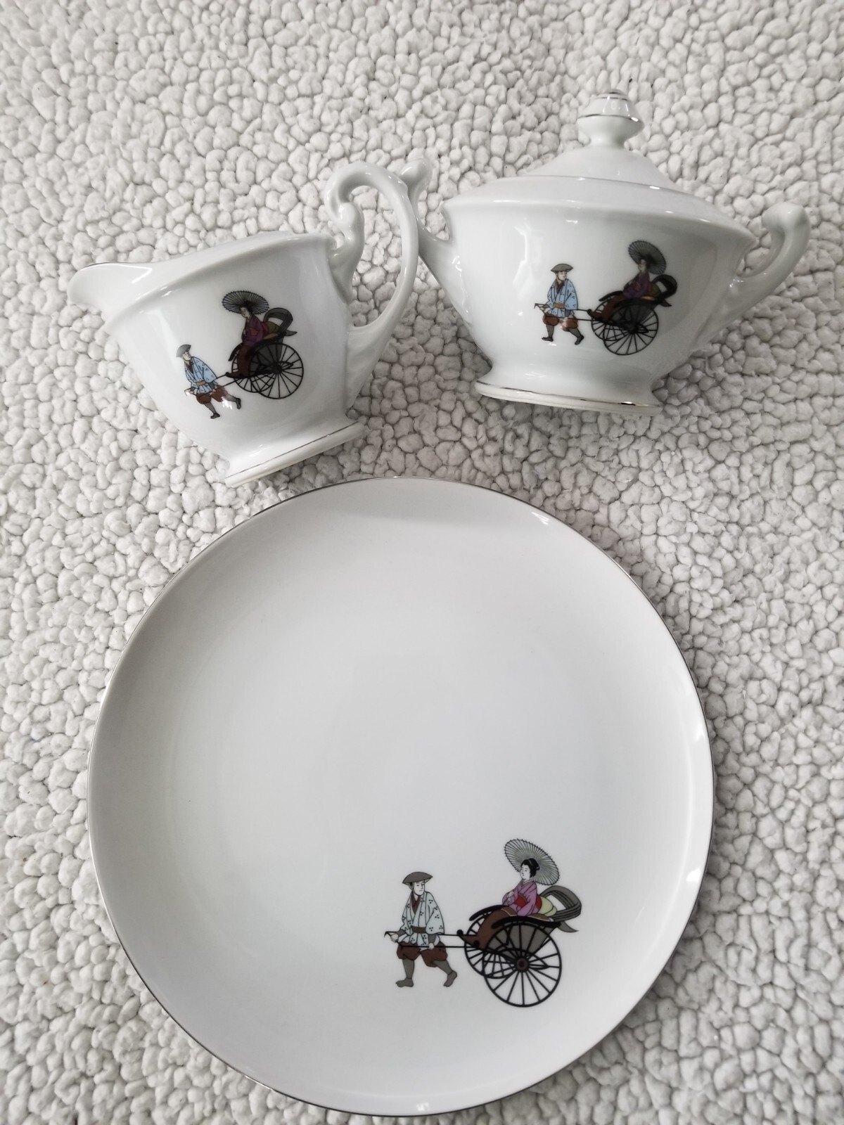 3pc Vintage Hakusan&Arita Japan Fine China Sugar Bowl W/Lid, Creamer, Plate 