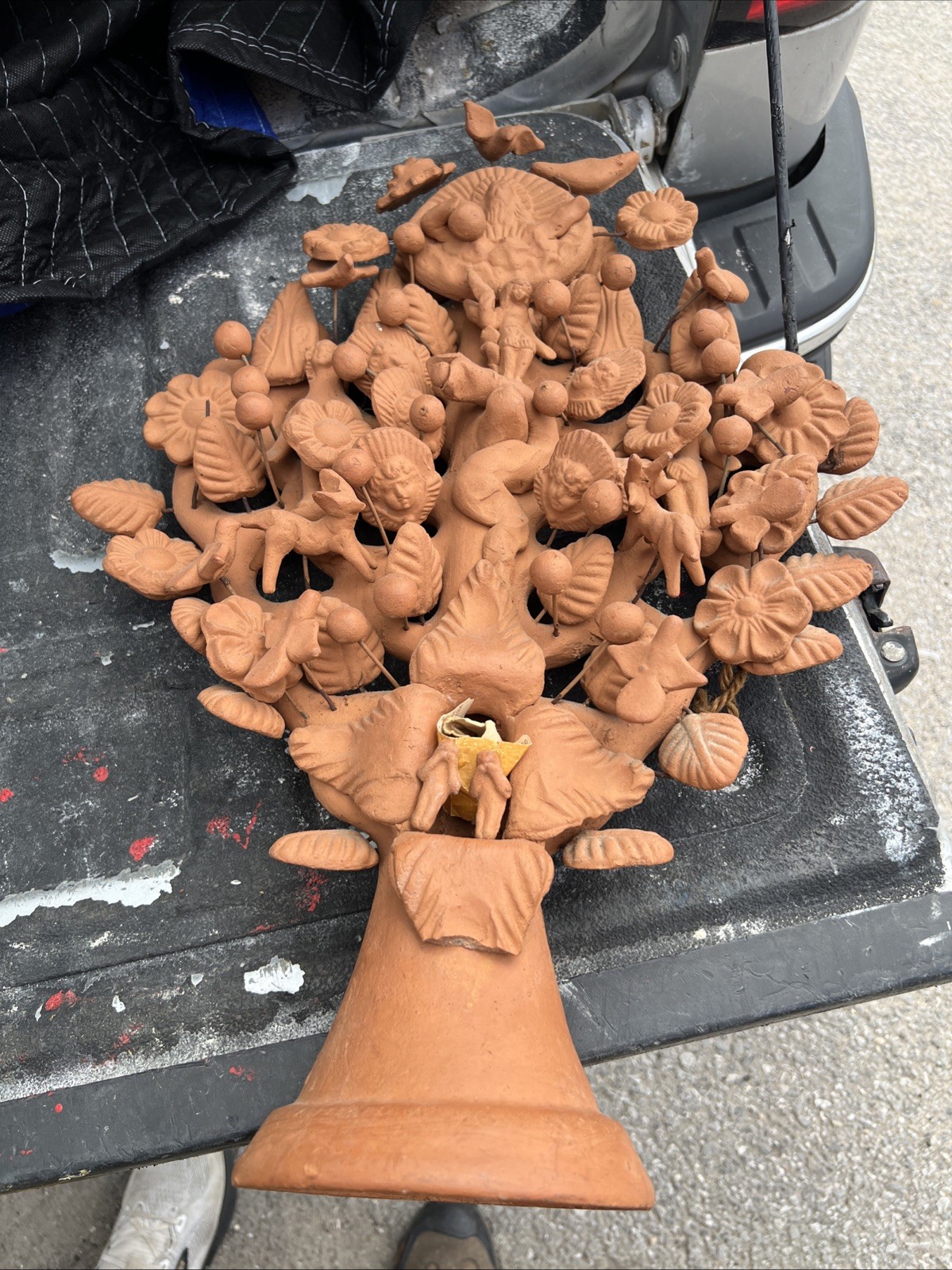 Large 1970\'s Adam Eve Snake Tree of Life Mexican Folk Art Terracotta Candelabra Large 1970\'s Adam Eve Snake Tree of Life Mexican Folk Art Terracotta Candelabra