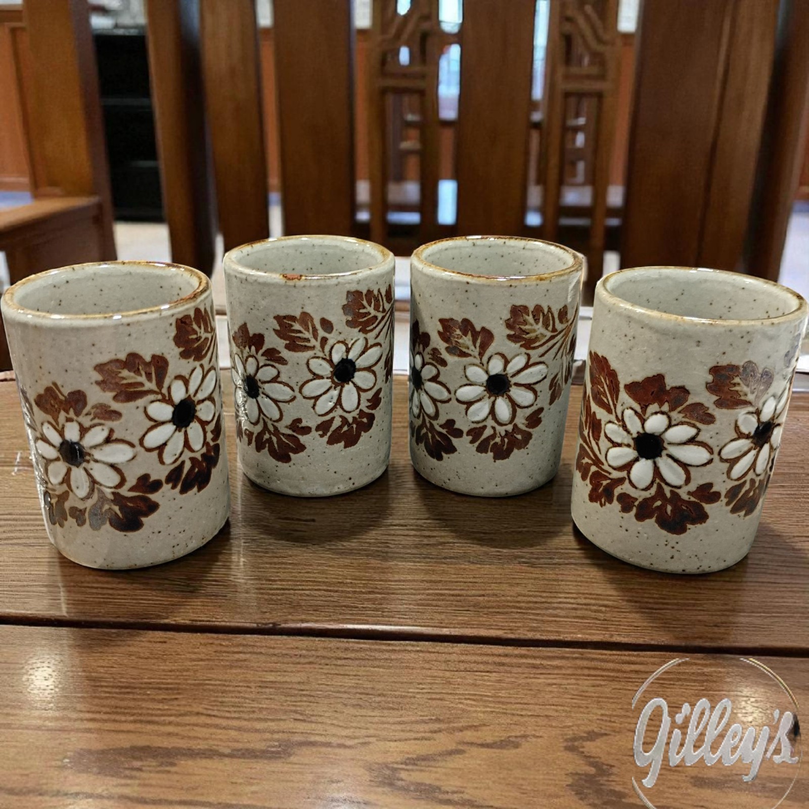 Japanese Mini Drink Cup Set Speckled Stoneware Flower Matching 4 Vintage Art