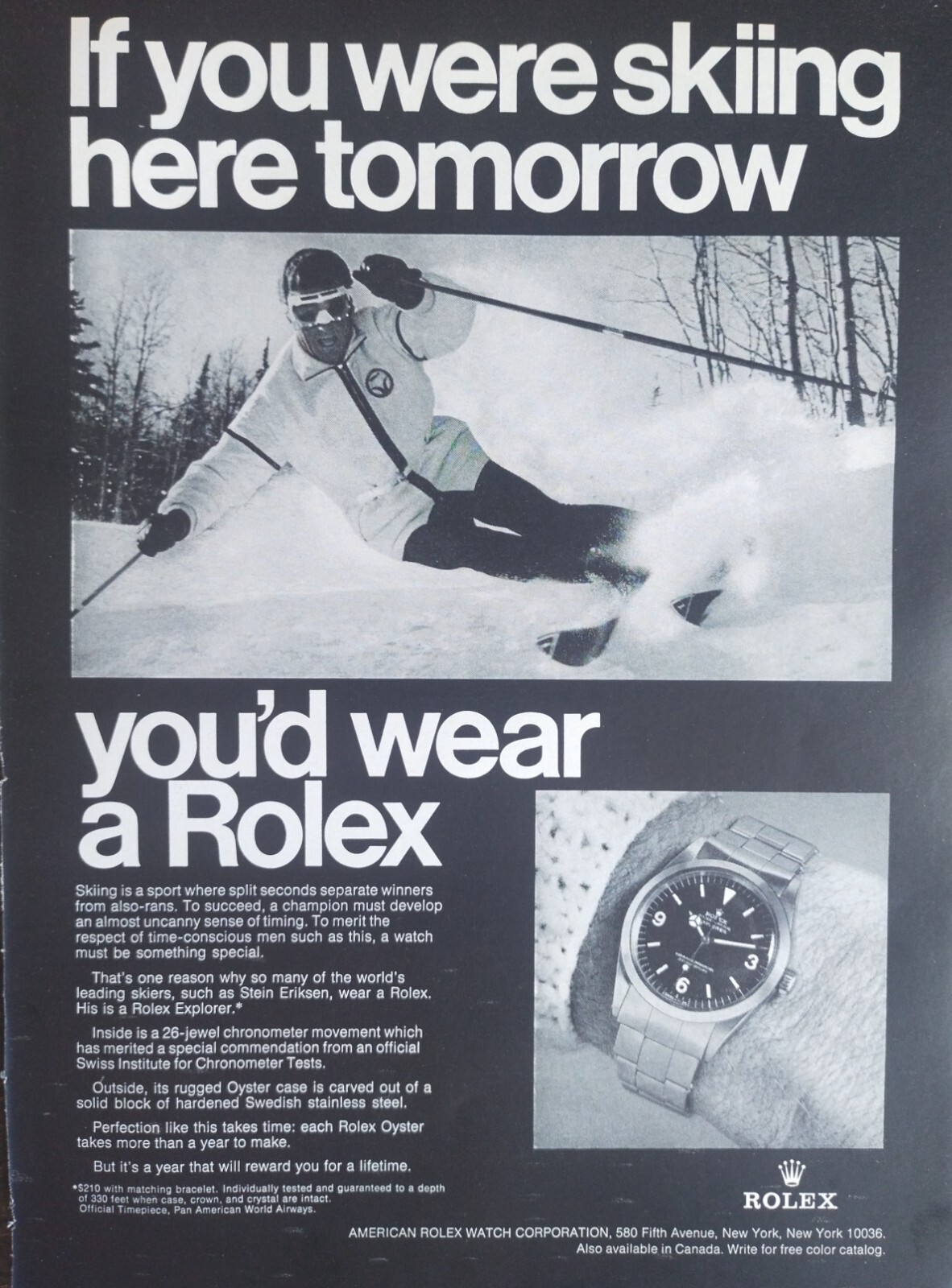 Vintage 1969 Rolex Oyster 26 Jewel Chronometer Stein Eriksen Original Ad Vintage 1969 Rolex Oyster 26 Jewel Chronometer Stein Eriksen Original Ad