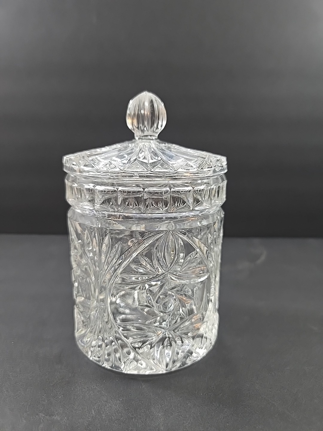 Vintage Pressed Cut Crystal Glass Lidded Vanity Jar 6\ Vintage Pressed Cut Crystal Glass Lidded Vanity Jar 6\