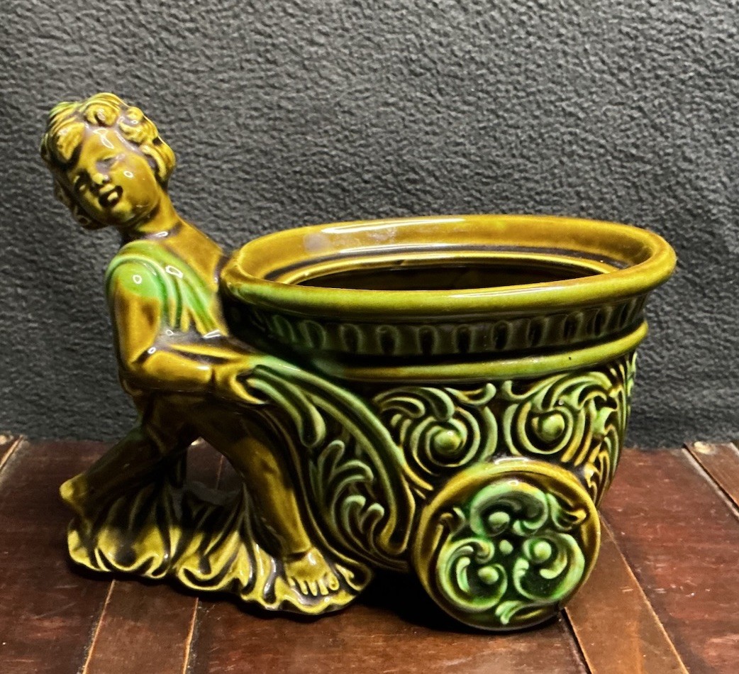 Vintage Green Wheelbarrow Ceramic Planter