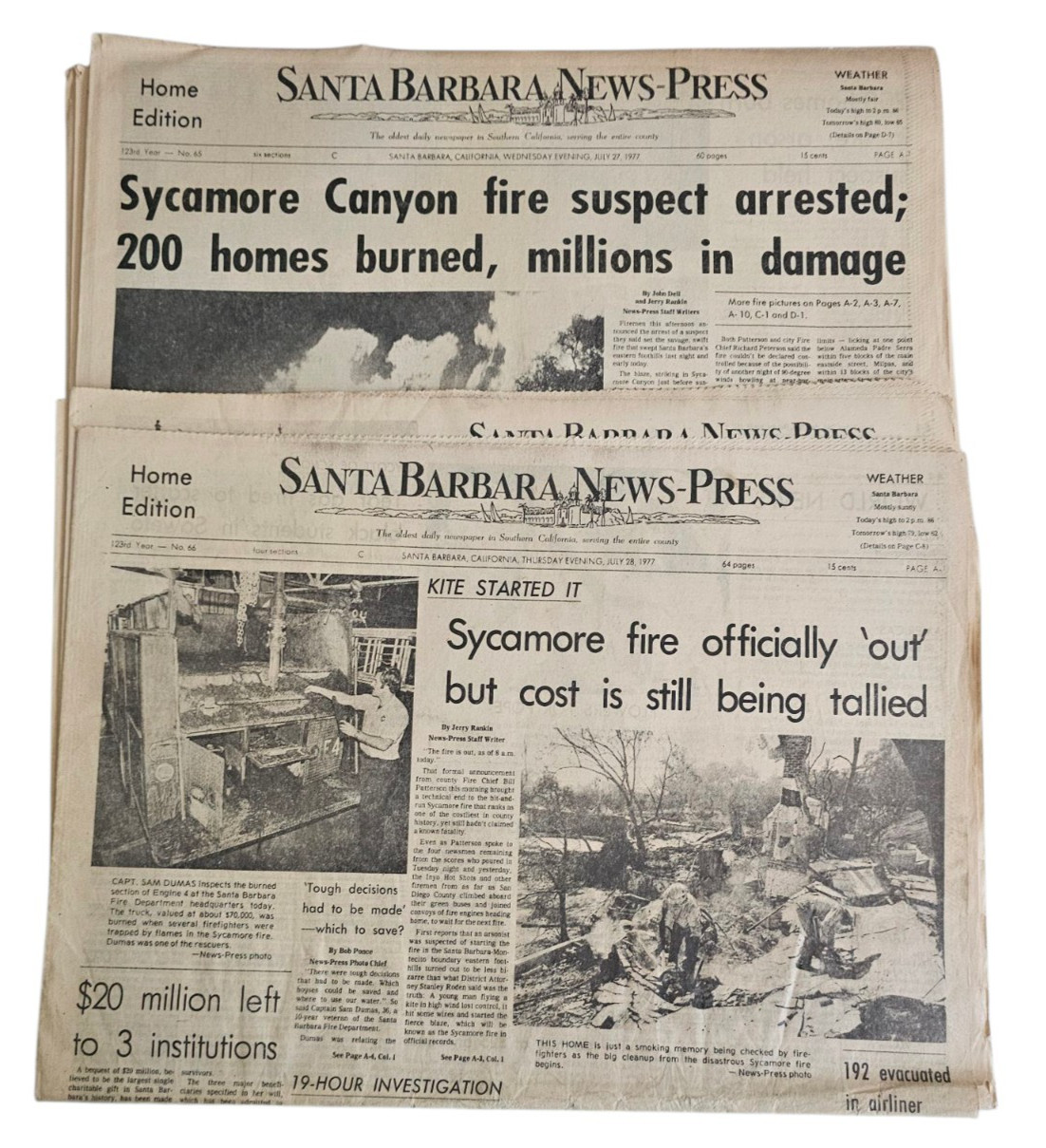 Sycamore Canyon Fire Flame Santa Barbara Newspaper CA July 27 & 28 1977 Lot of 2