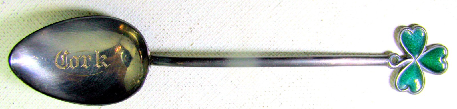 1901 Green Enameled Shamrock Sterling Silver Expresso Spoon Cork Ireland