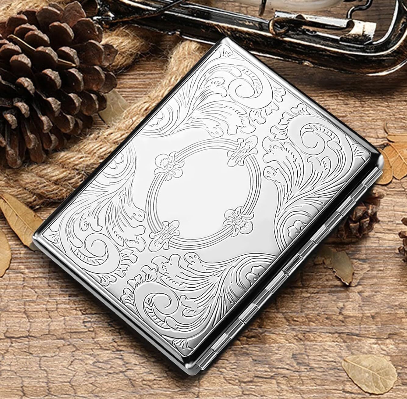 Silver Vintage Metal Pockets Cigarette Case Holder Wallet Storage Double Sided