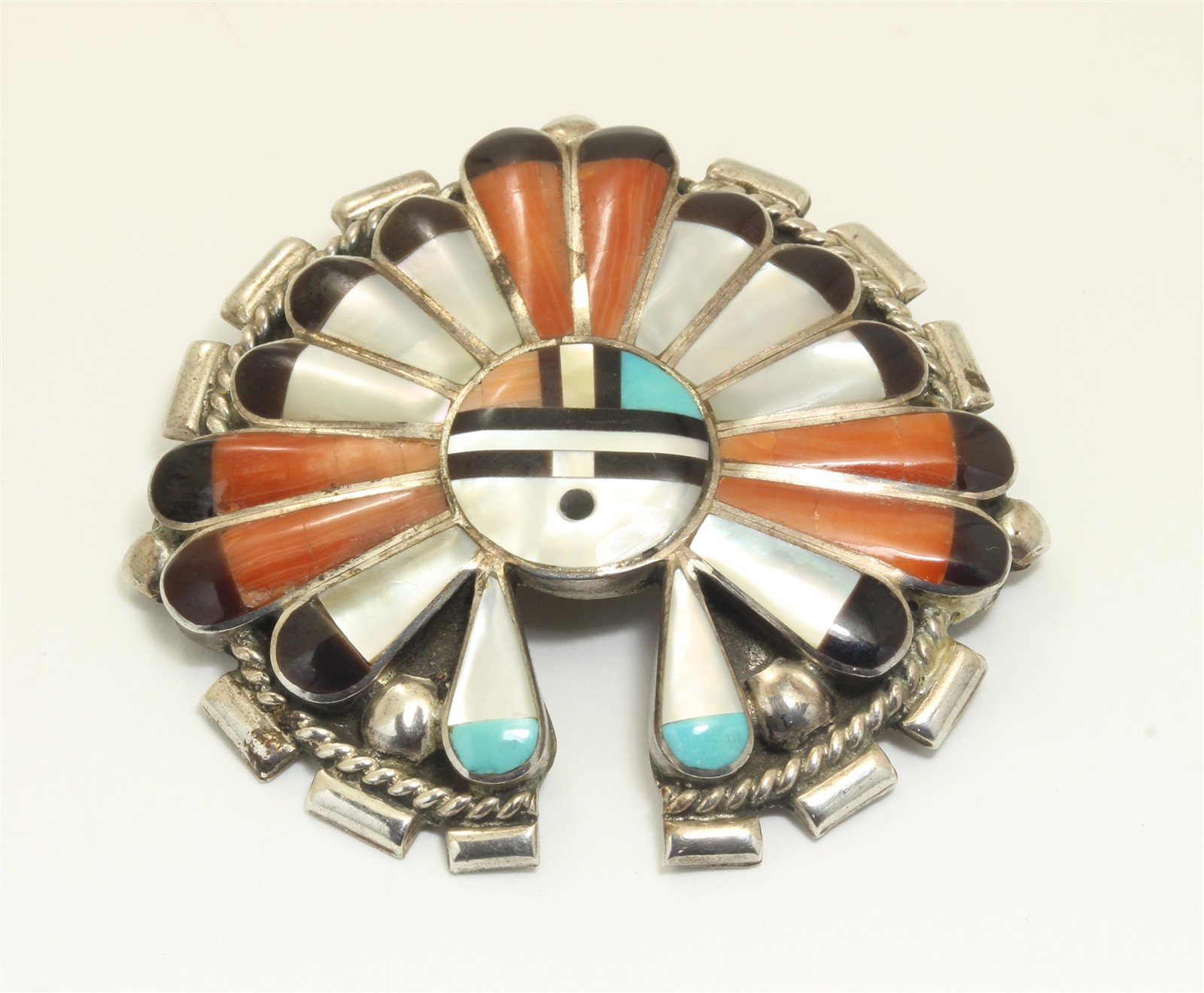 Vintage Dexter & Eva Cellicion Zuni Sterling Silver Ornate Inlay Pendant + Pin