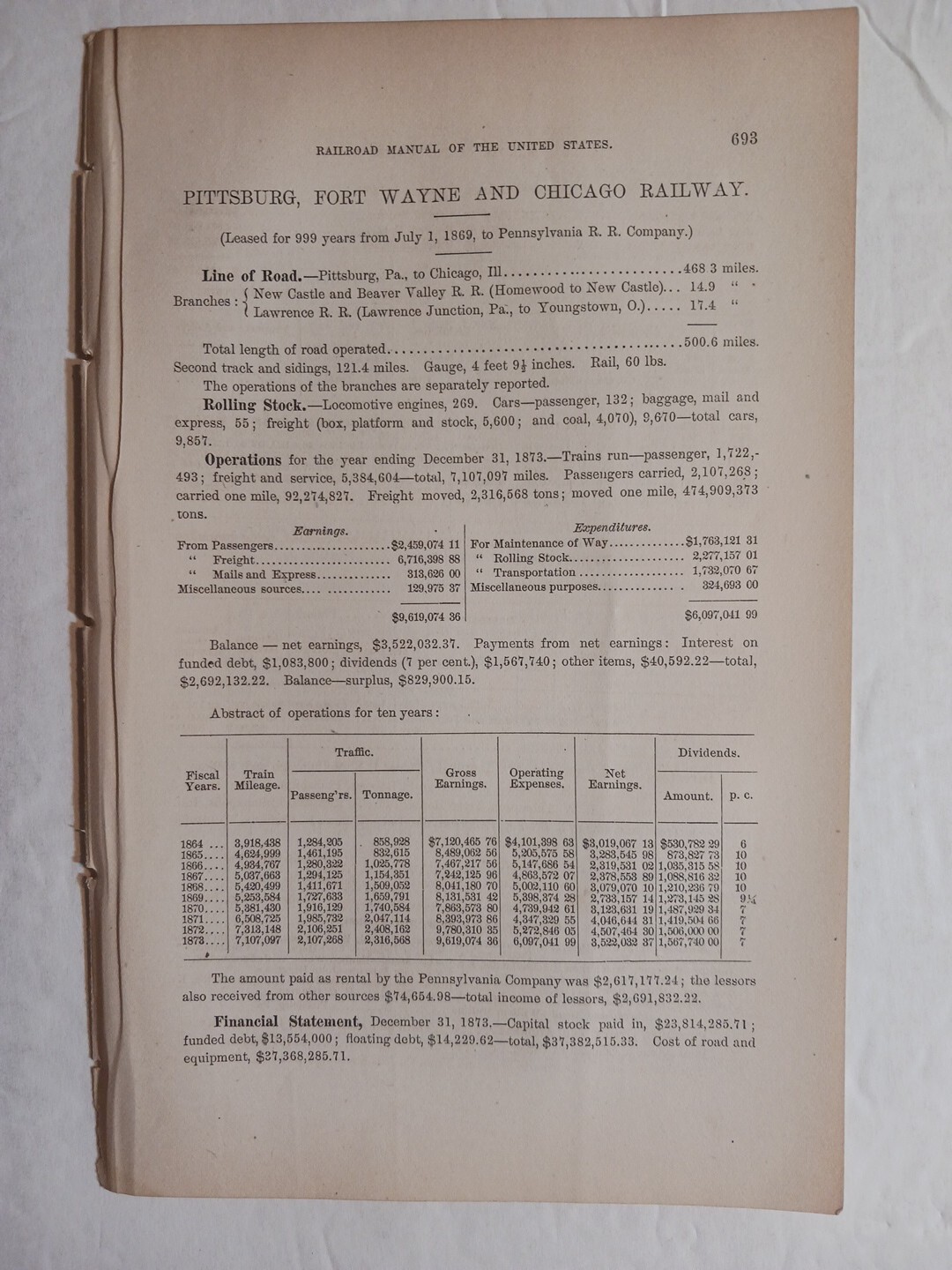 1875 Train Report PITTSBURGH FORT WAYNE & CHICAGO RAILWAY New Castle Railroad PA