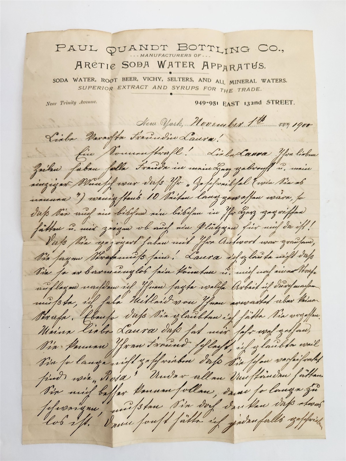 1900 antique PAUL QUANDT BOTTLING CO ny LETTERHEAD soda water bottling