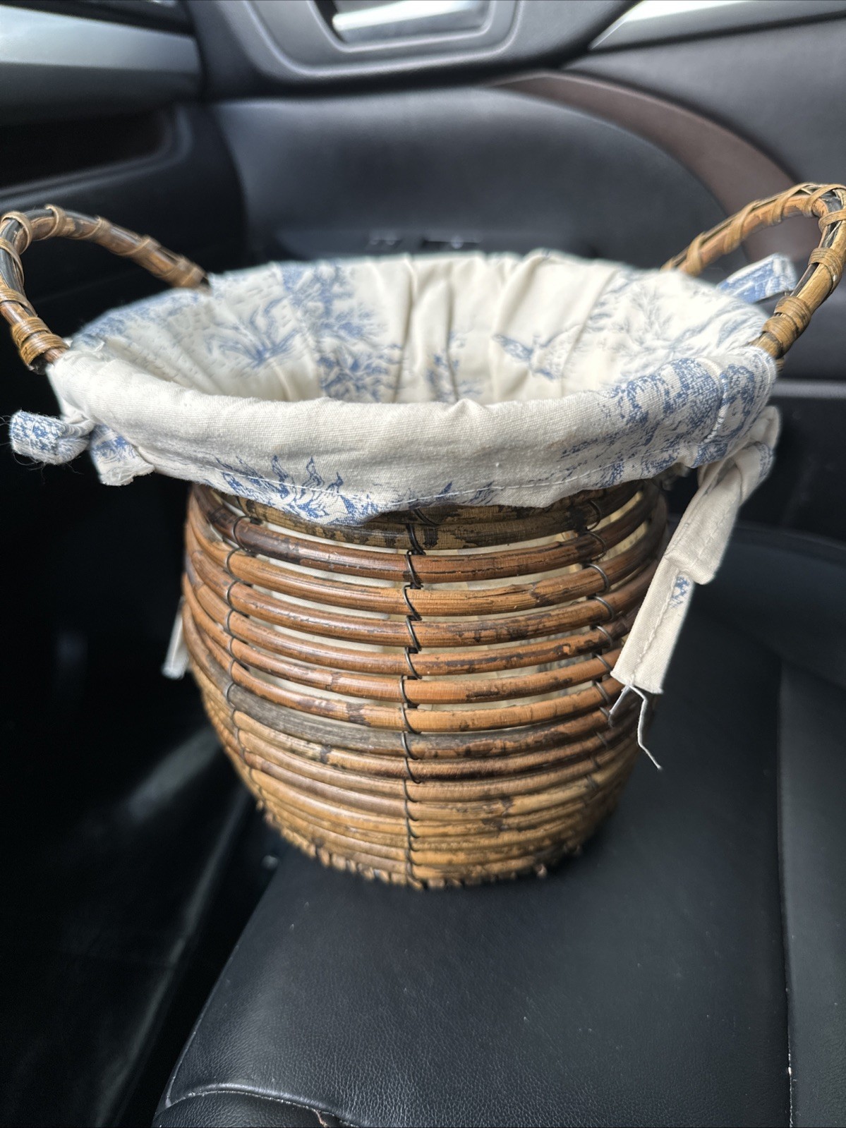 Vintage Curved Split Reed Basket w/Custom French Toile Fabric Tie Liner Vintage Curved Split Reed Basket w/Custom French Toile Fabric Tie Liner