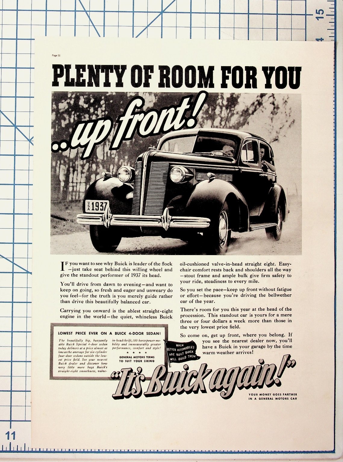 1937 Buick 4-Door Sedan Original Vintage Car Automobile Magazine Ad Print
