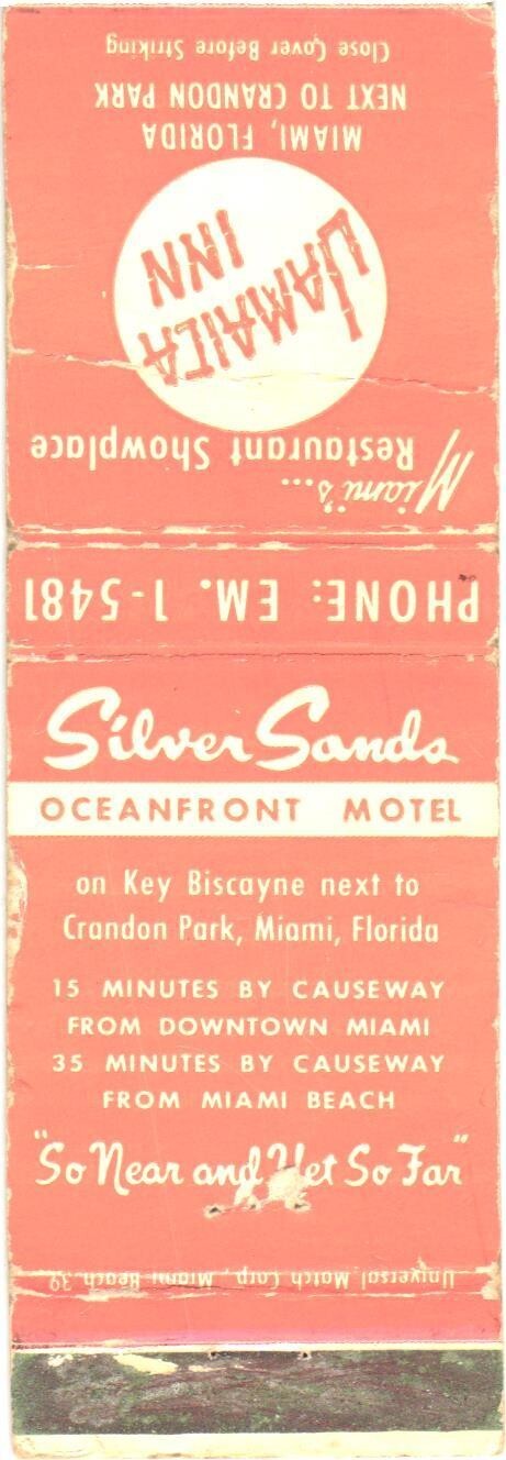 Silver Sands Oceanfront Motel Miami FL Vintage Matchbook Cover 1950s-60s