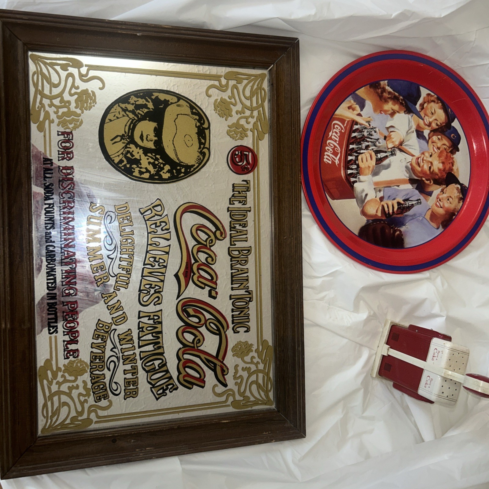 Vintage Coca Cola Mirror / Frame  + 2 other items plate and salt/pepper shaker 