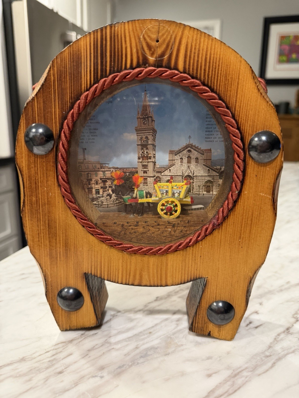Vintage Sicilian Cart Diorama Messina Italy Folk Art Wood Shadow Box MCM