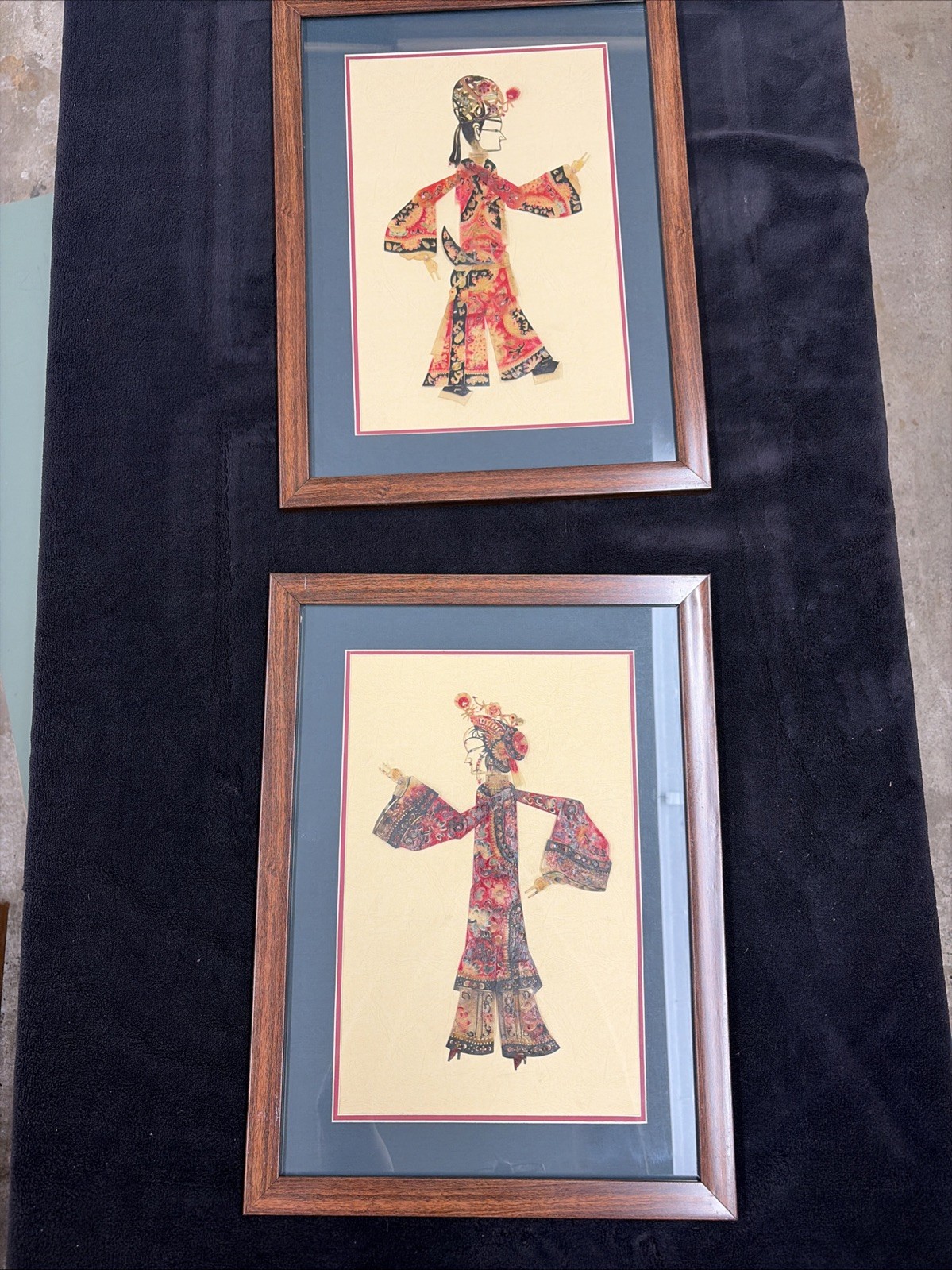 Chinese shadow puppet framed art pair of two 20x15”