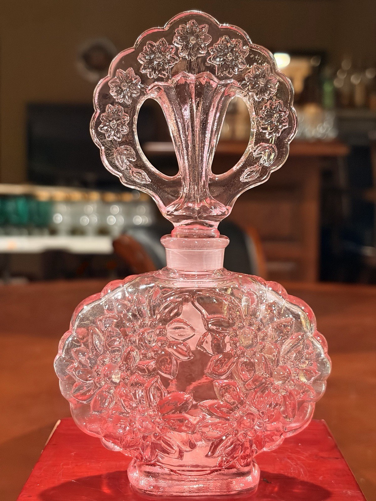 Vintage Fenton Dusty Rose Pink Cut Glass Rose Trellis Perfume Bottle 1980 6.5”