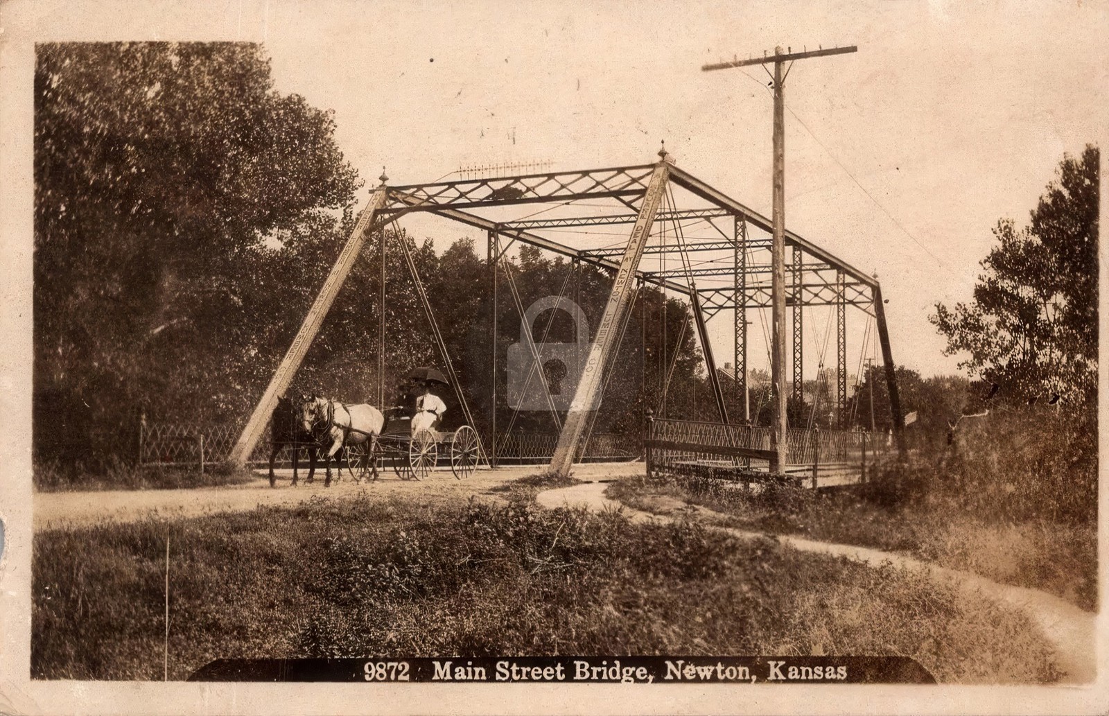 Newton KS Kansas Horse Buggy on Main Street Bridge RPPC Photo Postcard COPY