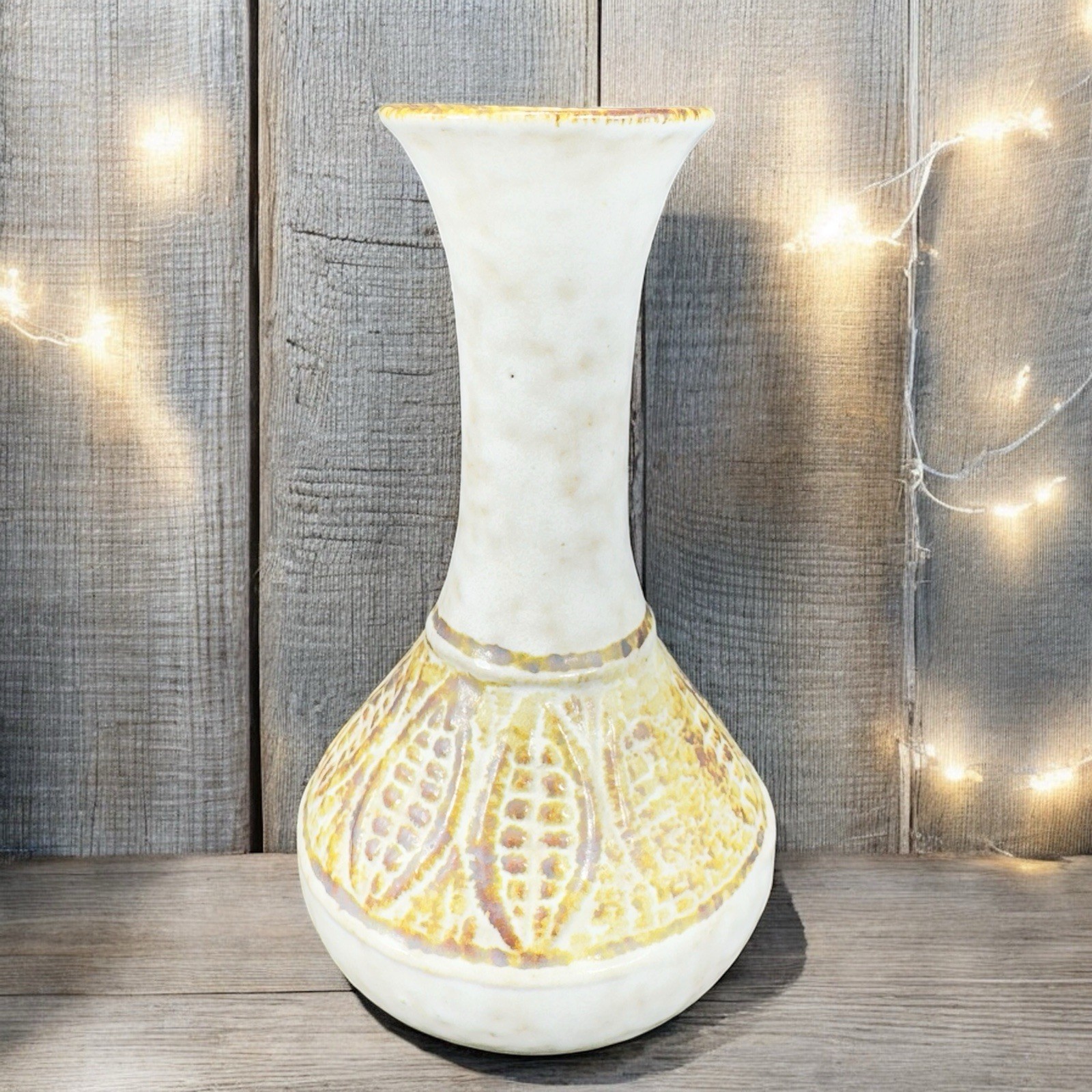 Stoneware Pottery Bud Vase Narrow Neck Brown Leafs Pattern Vase Vessel Decor VTG