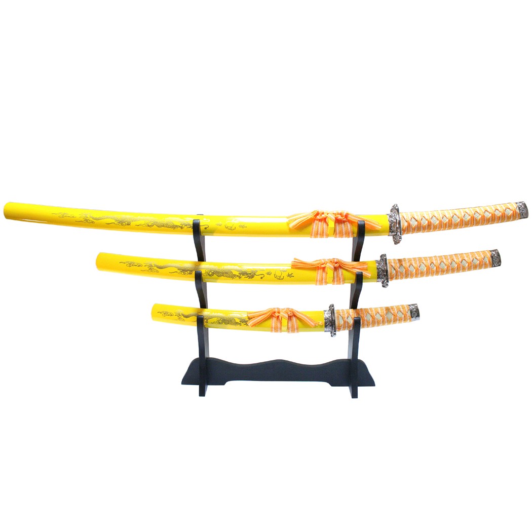 3Pc Set of Japanese Samurai Ninja Katana Swords Good Quality Yellow Dragon Desig