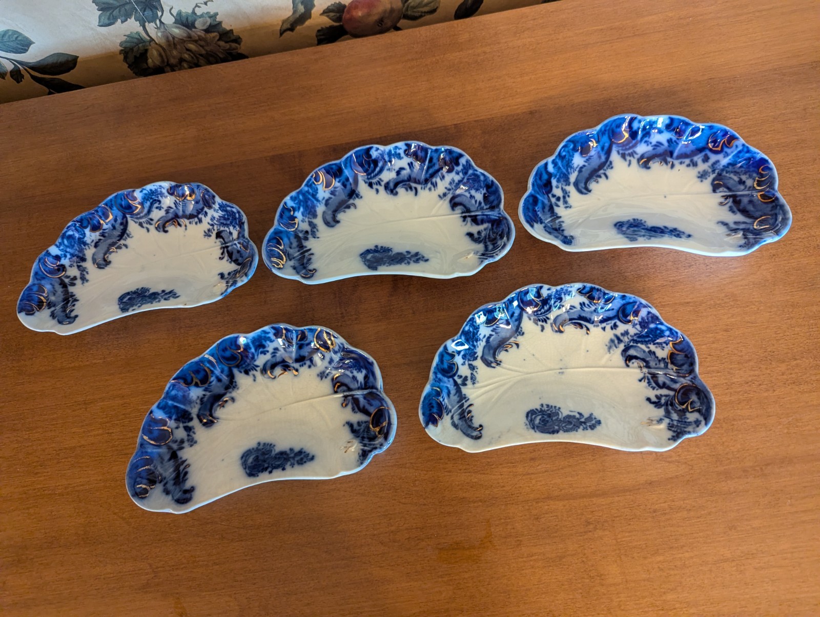 5-ANTIQUE GRINDLEY ARGYLE FLOW BLUE CRESCENT BONE DISHES  ENGLAND 5-7/8X3-1/2