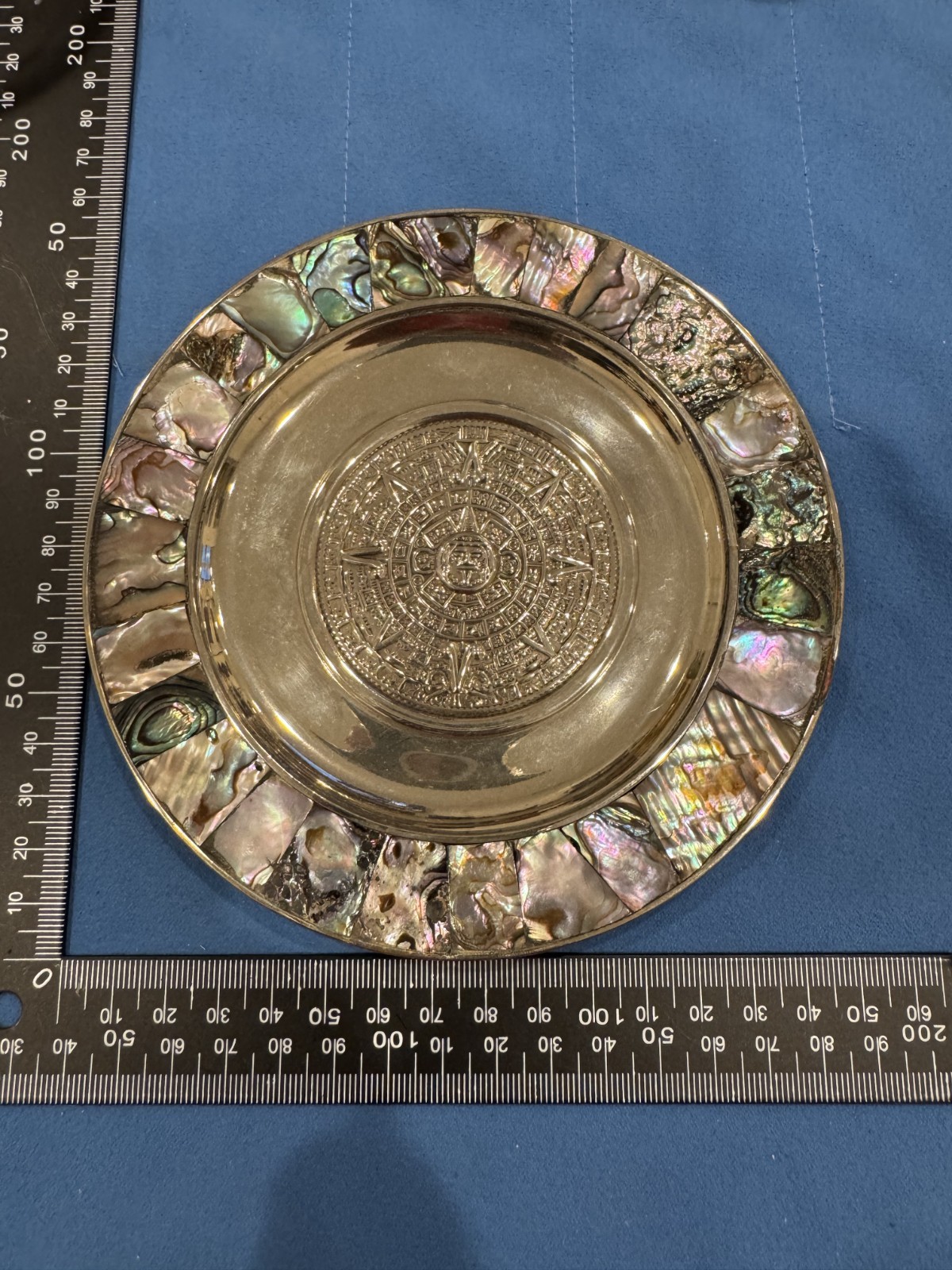Mexico Alpaca Silver Aztec Mother Pearl Abalone Shell Plate Plaque 1950\'s Mayan