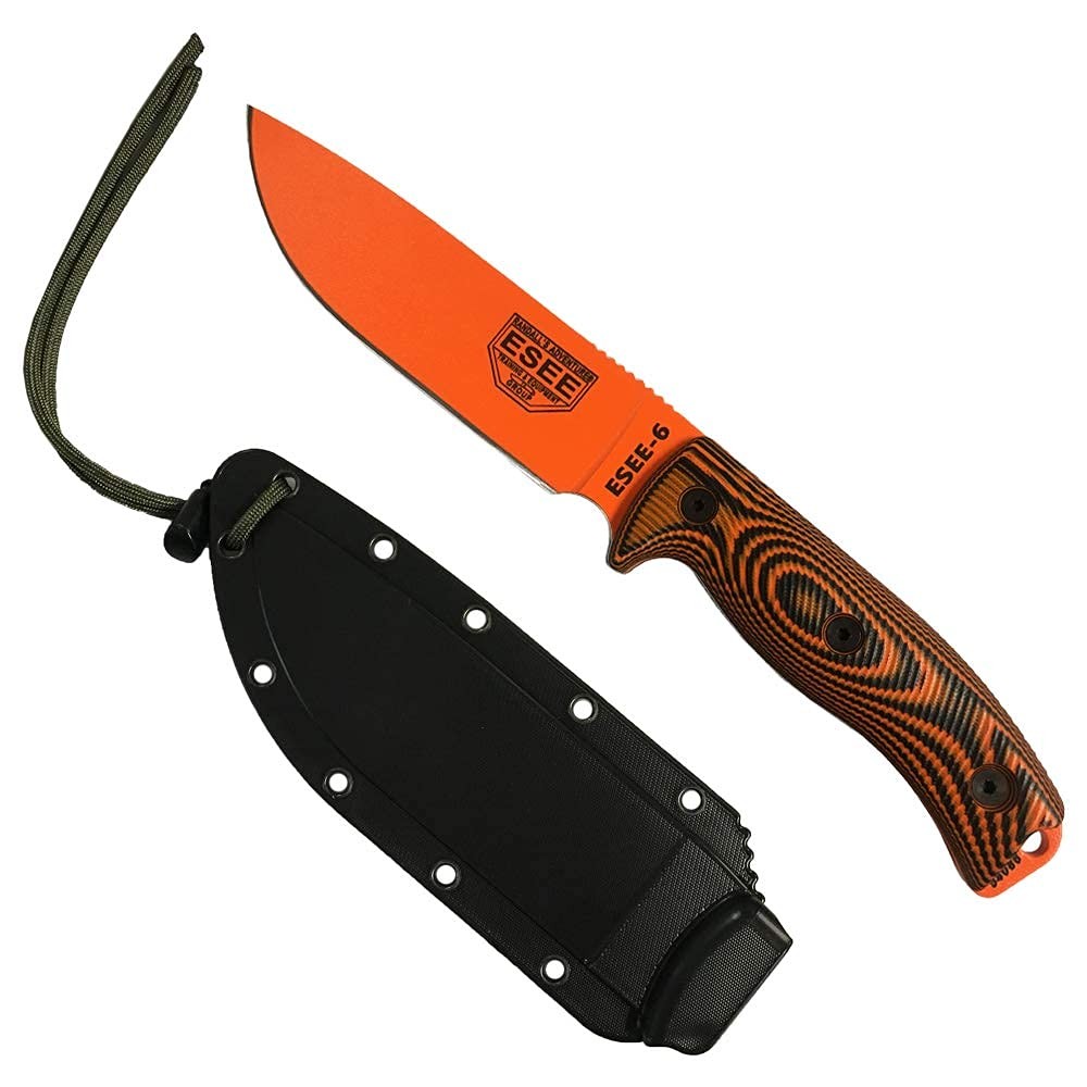 ESEE6 1095 Carbon Steel, Black Sheath Orange Blade, Orange/Black G10 3D Handle