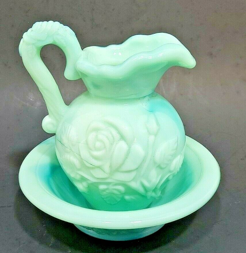 Avon Light Green Victorian Slag Glass Rose Pitcher & Basin Bowl No Stopper