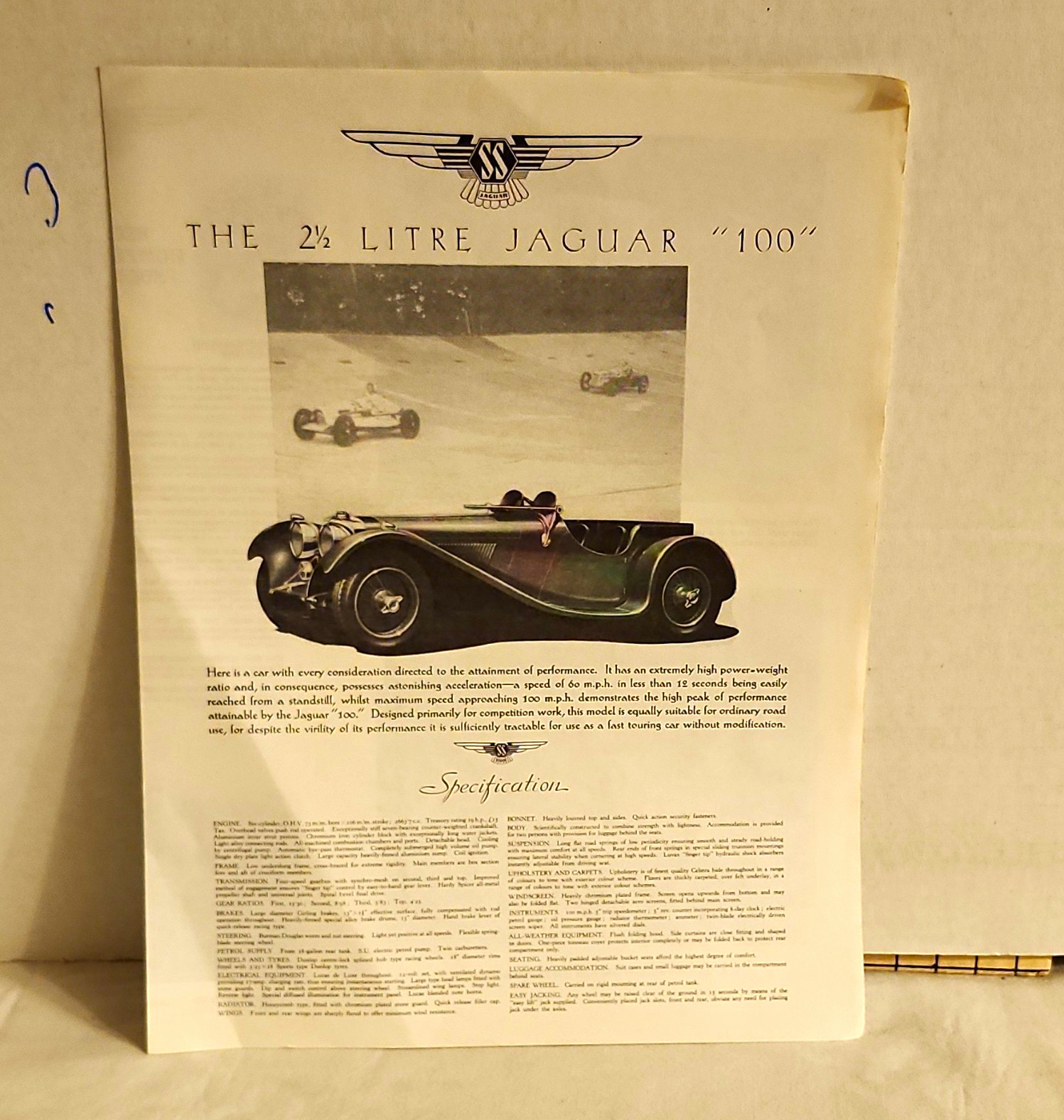 Jaguar SS Jaguar 100 Advertising Brochure Reproduction 1936/1988 Black White Jaguar SS Jaguar 100 Advertising Brochure Reproduction 1936/1988 Black White