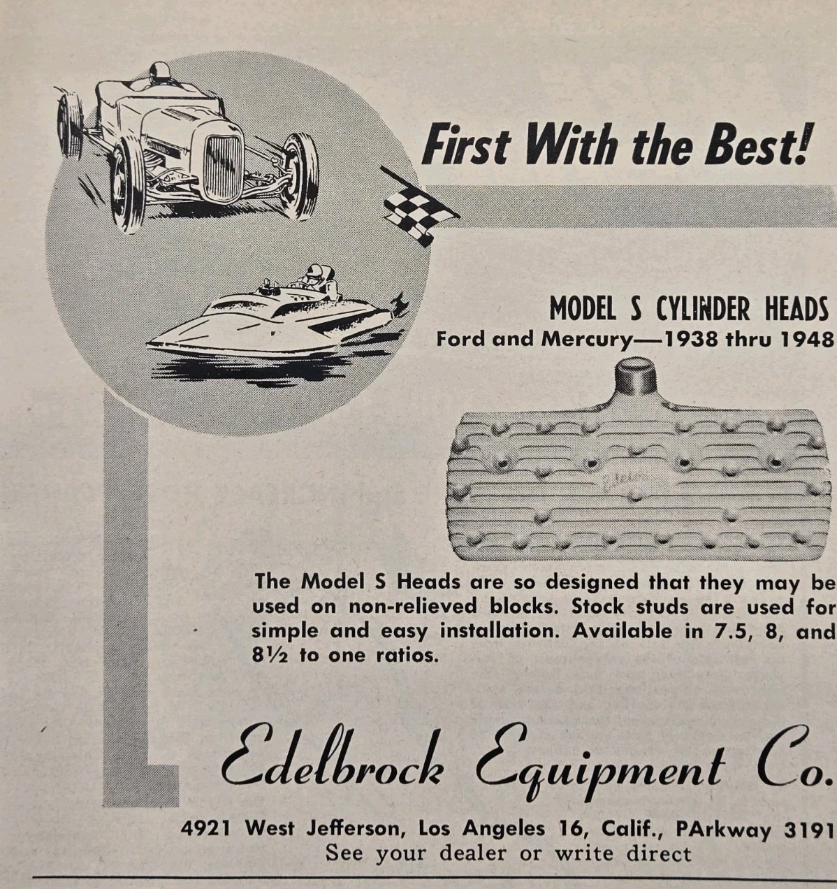 Edelbrock Equipment Co Los Angeles CA Model S Heads Racing Vintage Print Ad 1951