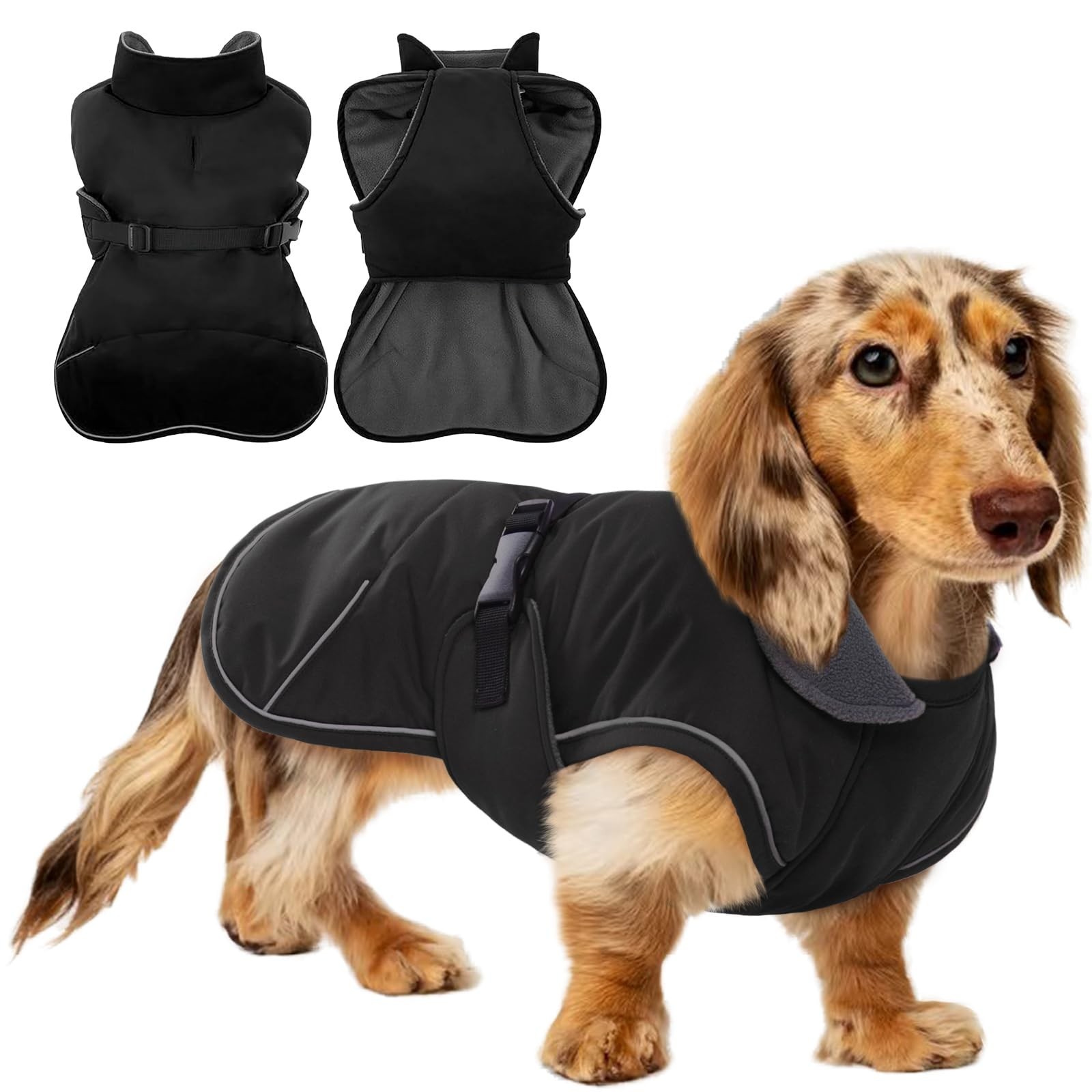 Dachshund Coat Warm Fleece Lining Waterproof Windproof Winter Coat Small Black S