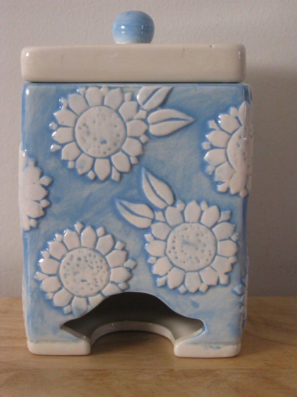 Vintage MSRF Sunflower Blue & White Ceramic Tea Bag Dispenser with Lid