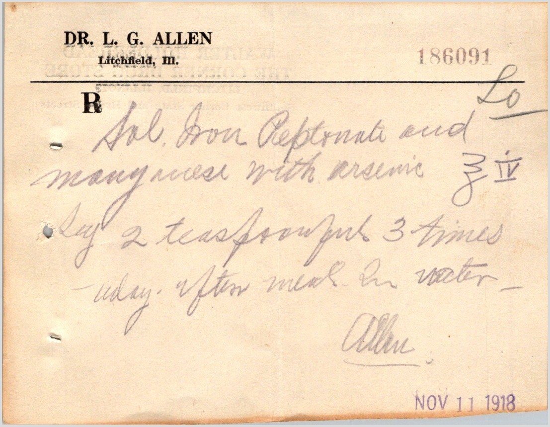 1918 Handwritten Prescription Dr L G Allen Corner Drug Store Litchfield Illinois